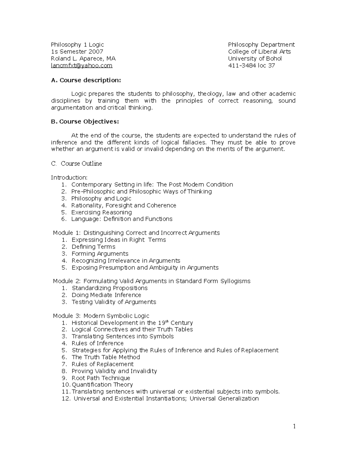 Logic Syllabus 1st Sem, 2007 - Philosophy 1 Logic Philosophy Department ...