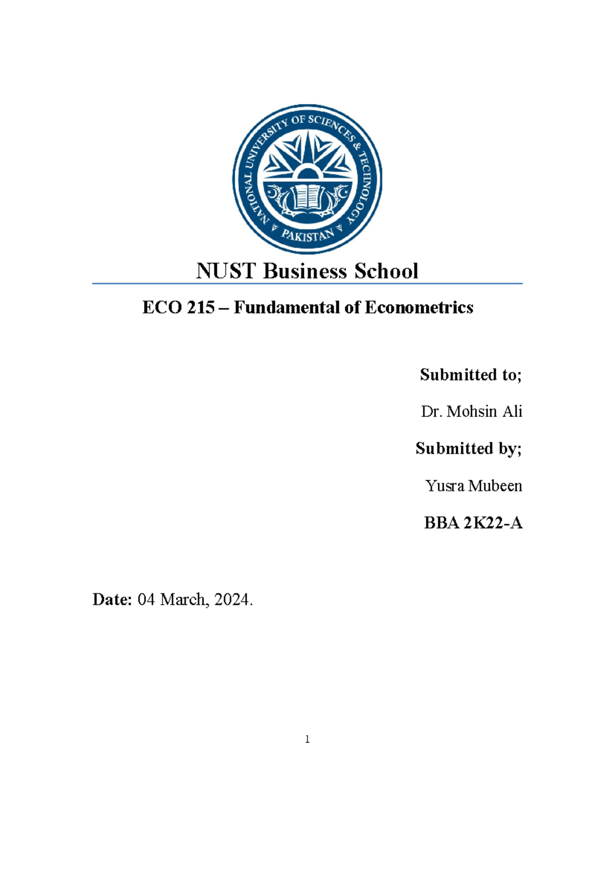 nust assignment front page