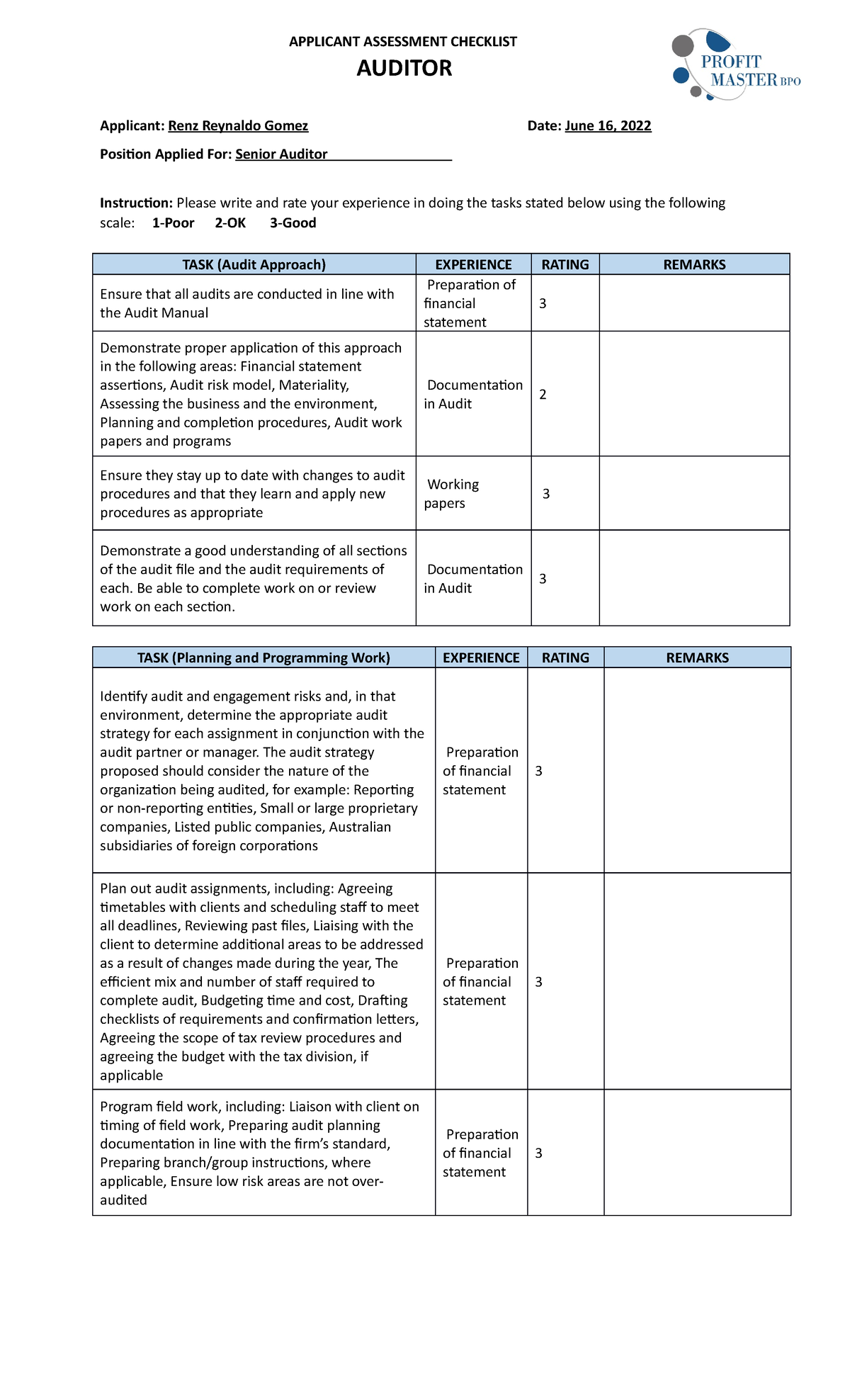 Applicant Assessment Checklist Auditor - APPLICANT ASSESSMENT CHECKLIST ...