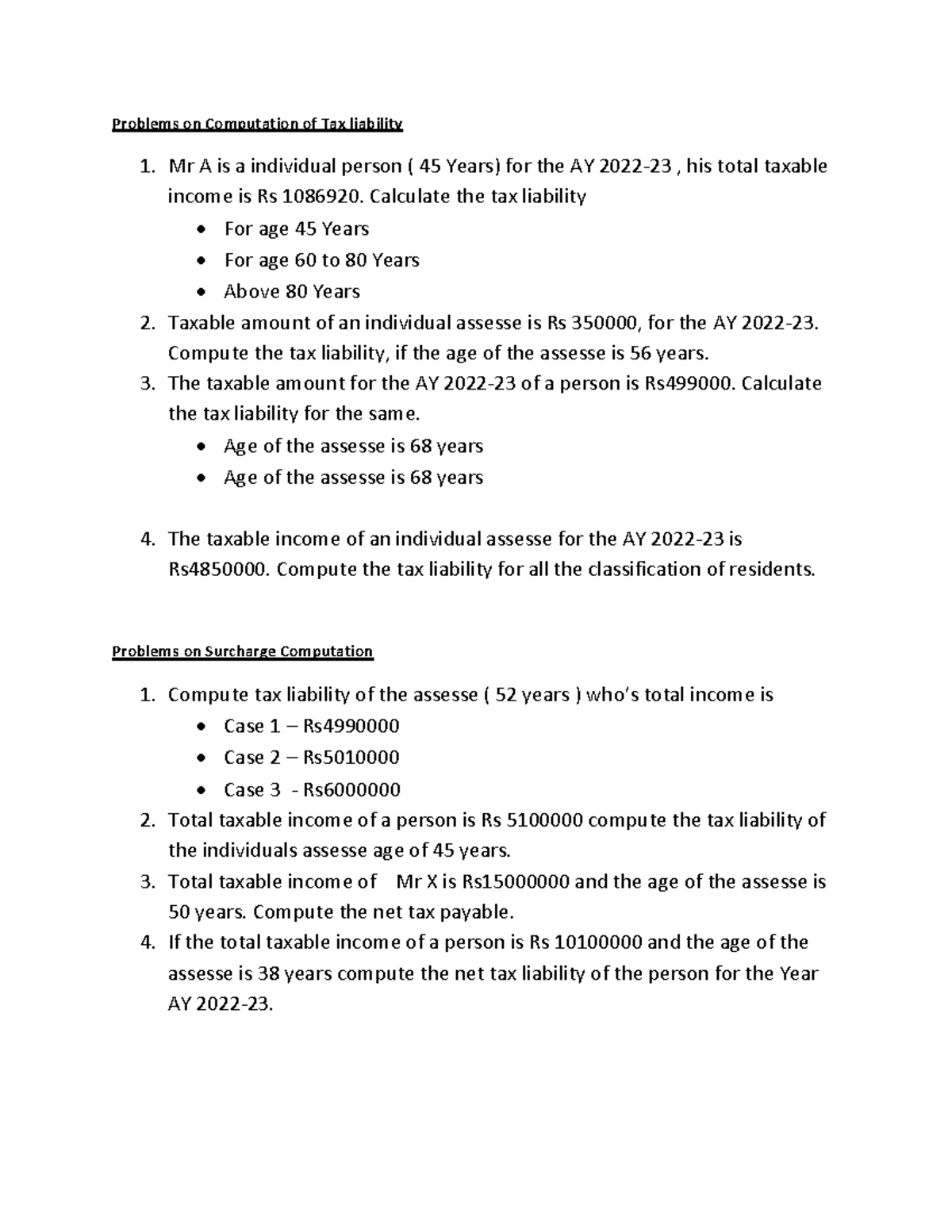 Unit 1 Problems - Problems On Computation Of Tax Liability Mr A Is A ...