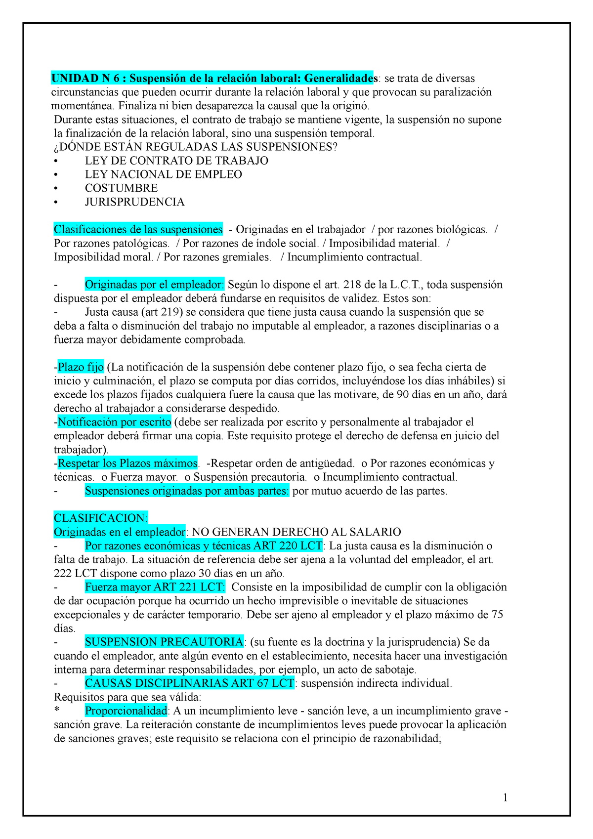 2do examen laboral - UNIDAD N 6 : Suspensión de la relación laboral:  Generalidades : se trata de - Studocu