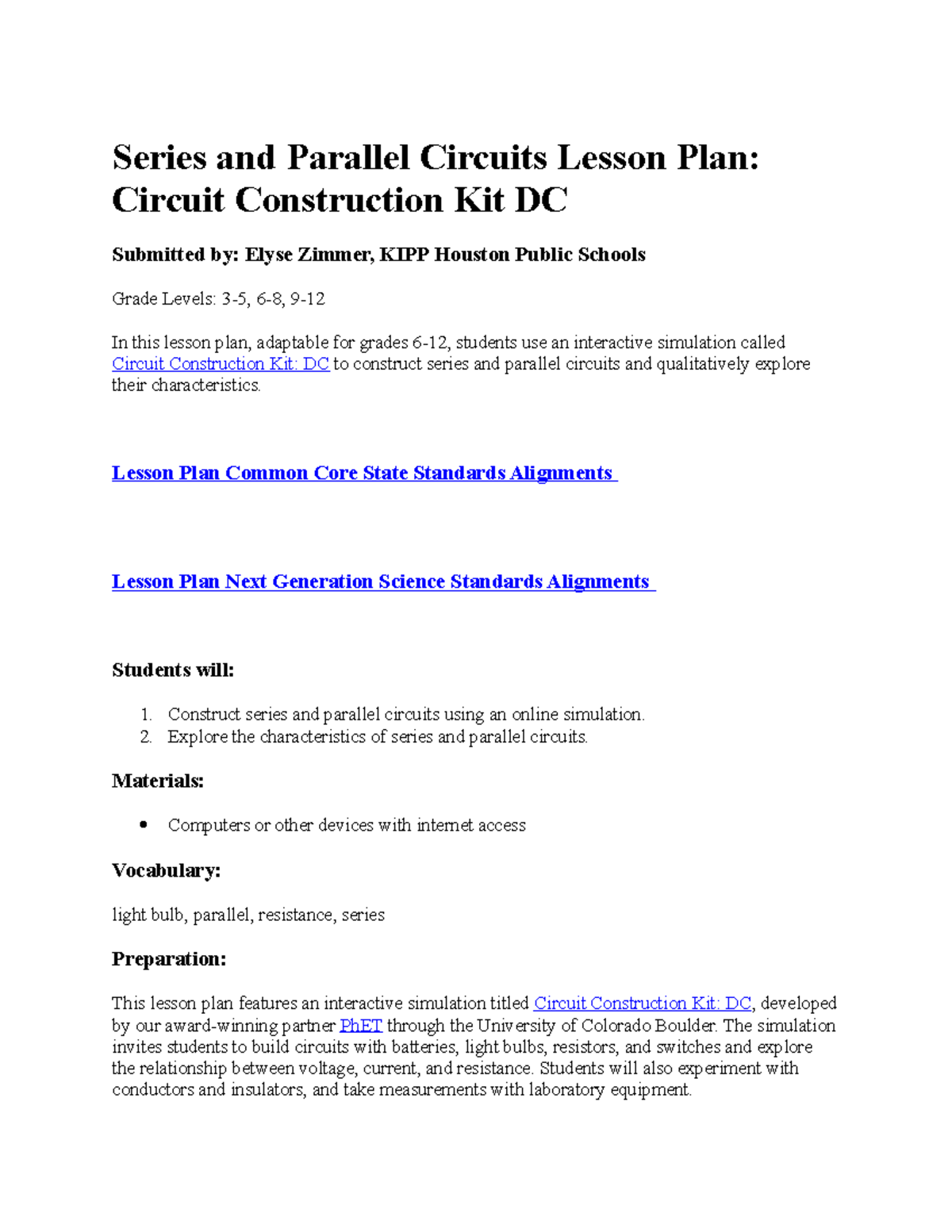 Series and Parallel Circuits Lesson Plan - Series and Parallel Circuits ...