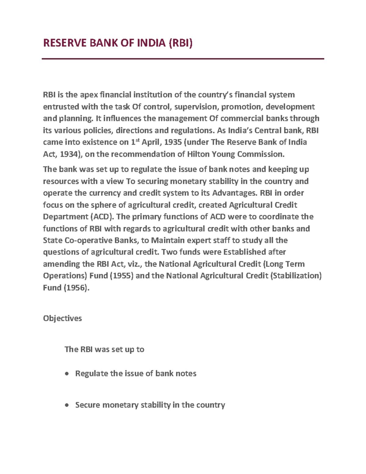Reserve bank of india ( RBI ) NOTES - RESERVE BANK OF INDIA (RBI) RBI ...