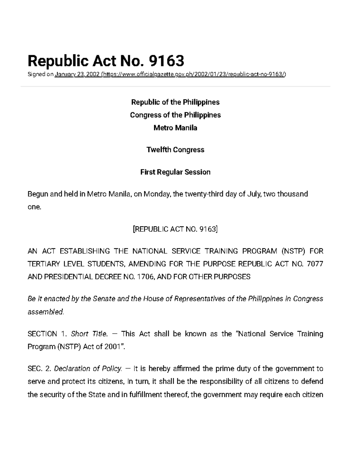 Republic Act No. 9163 Official Gazette of the Republic of the ...