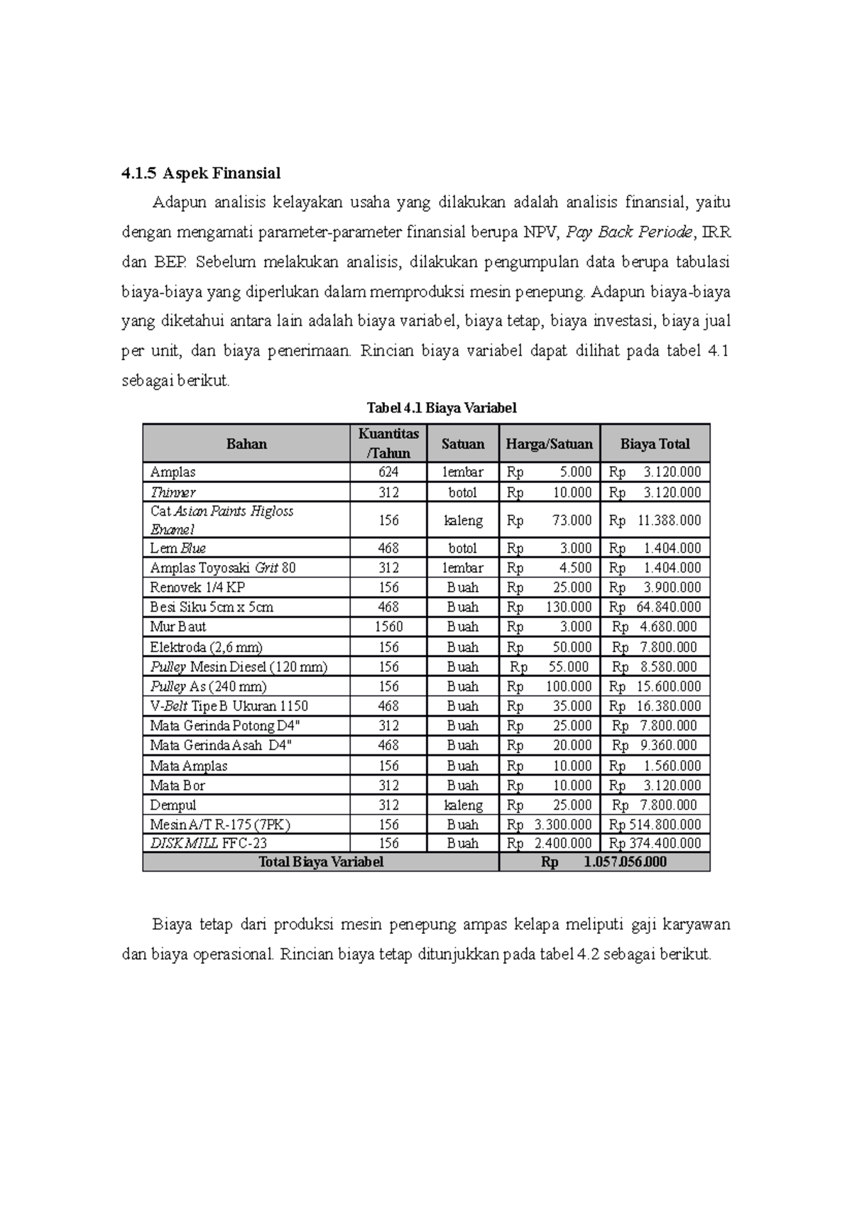 Aspek Finansial - 4.1 Aspek Finansial Adapun analisis kelayakan usaha ...