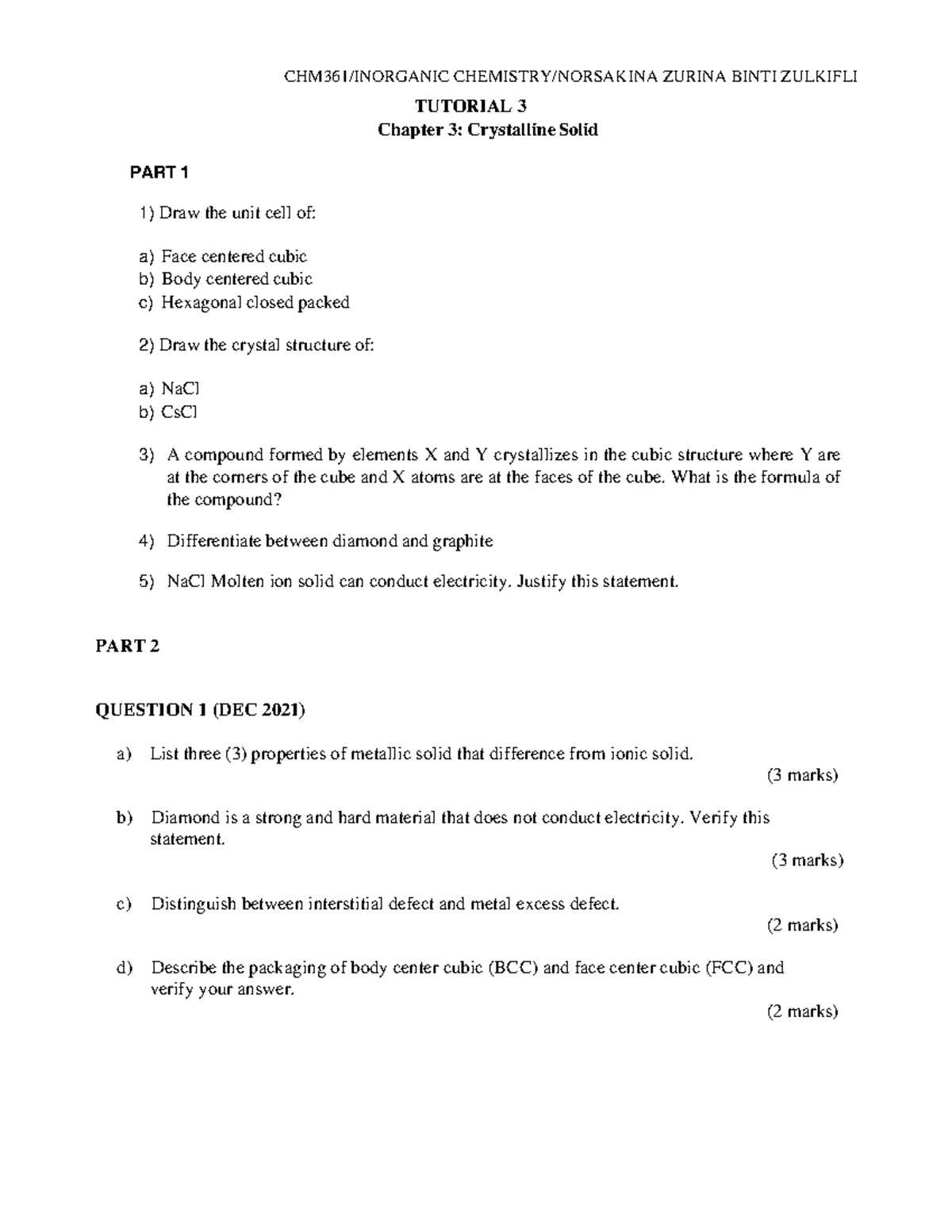 Chm361 Tutorial 3 Study Smart Chm361 Inorganic Chemistry Norsakina