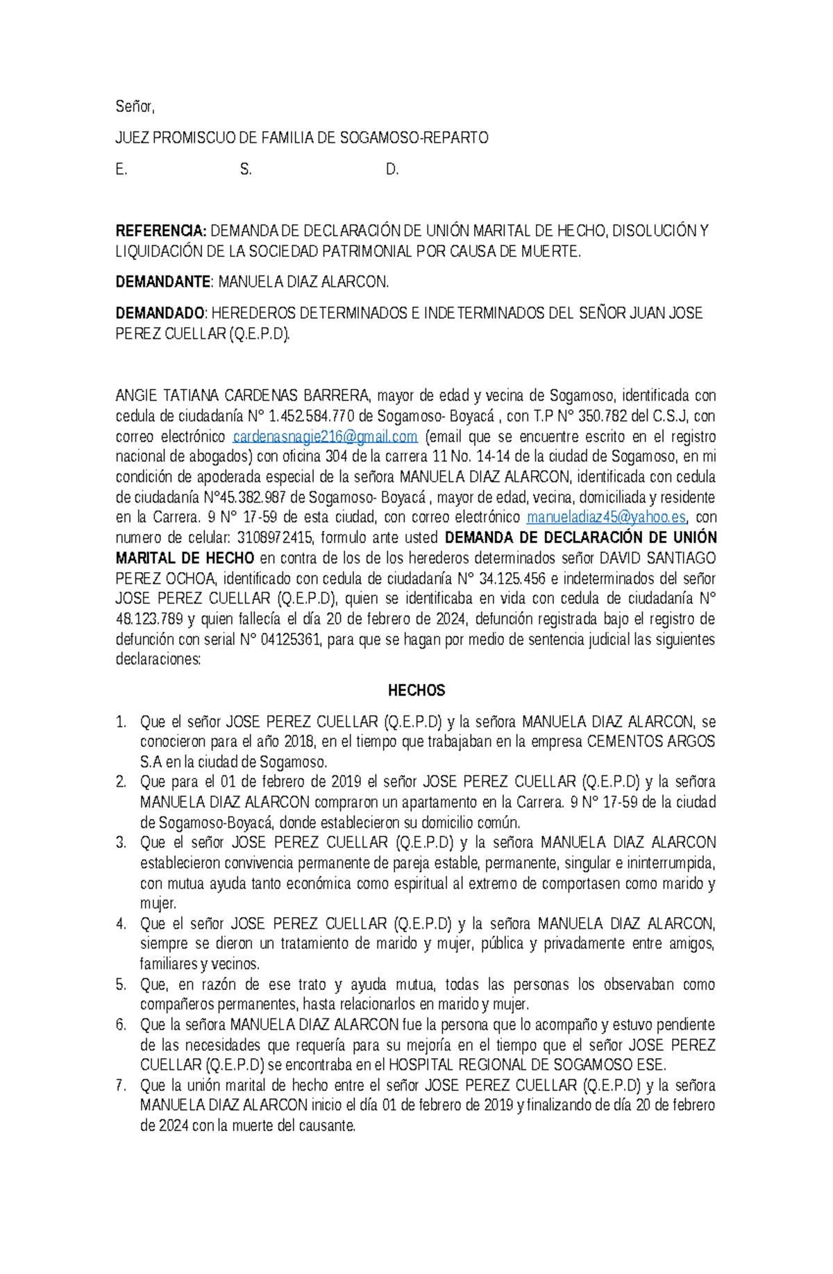 Demanda Declaración Unión Marital De Hecho Señor Juez Promiscuo De Familia De Sogamoso 1052