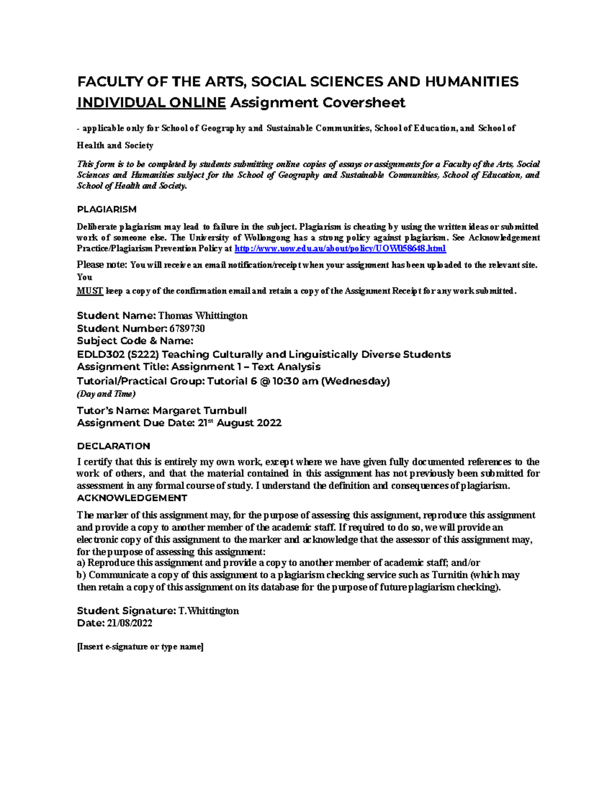 EDLD Assessment 1 - 1500 Word Rationale - FACULTY OF THE ARTS, SOCIAL ...