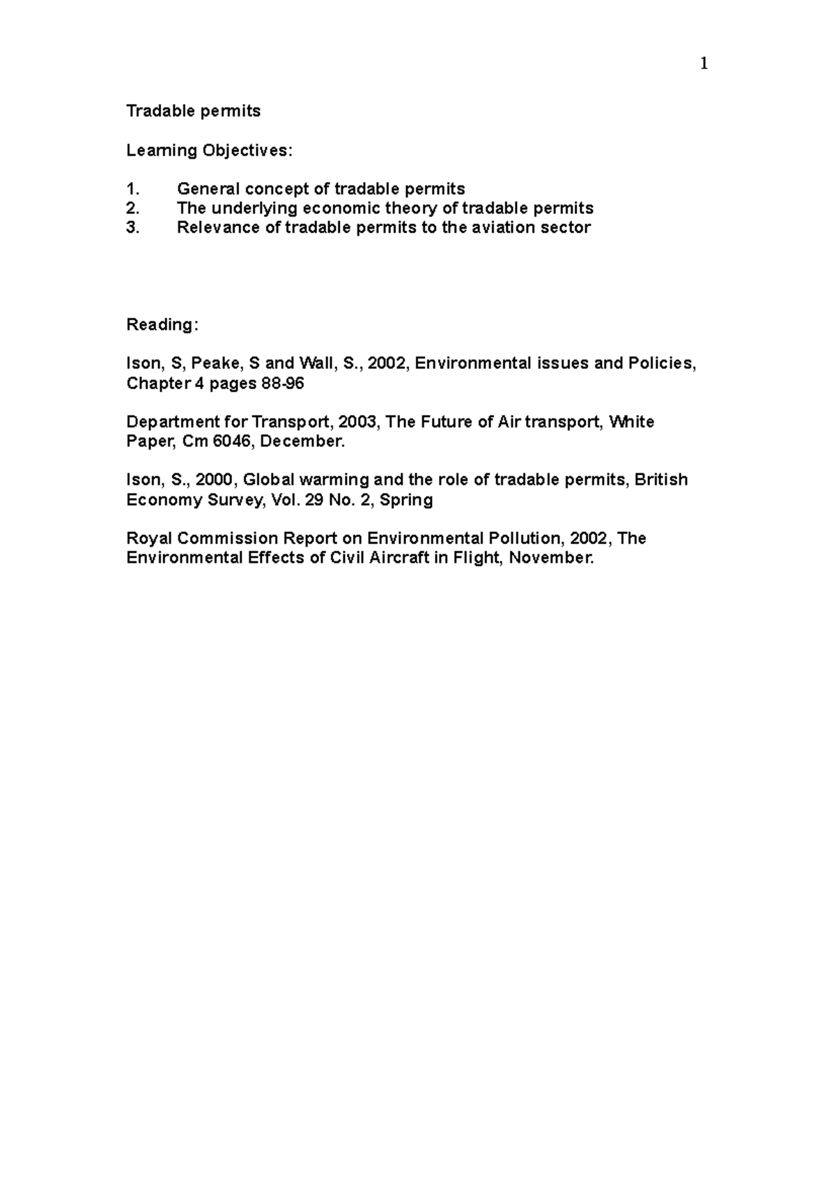 Student notes lecture 6 - 1 Tradable permits Learning Objectives: 1. 2 ...