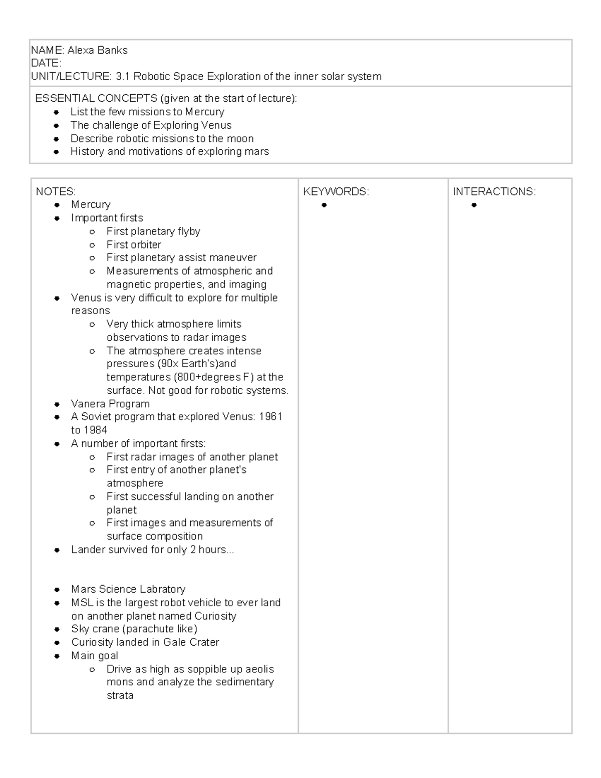 3.1 3-Column Notes - Unit 3.1 Lists the few missions to Mercury ...
