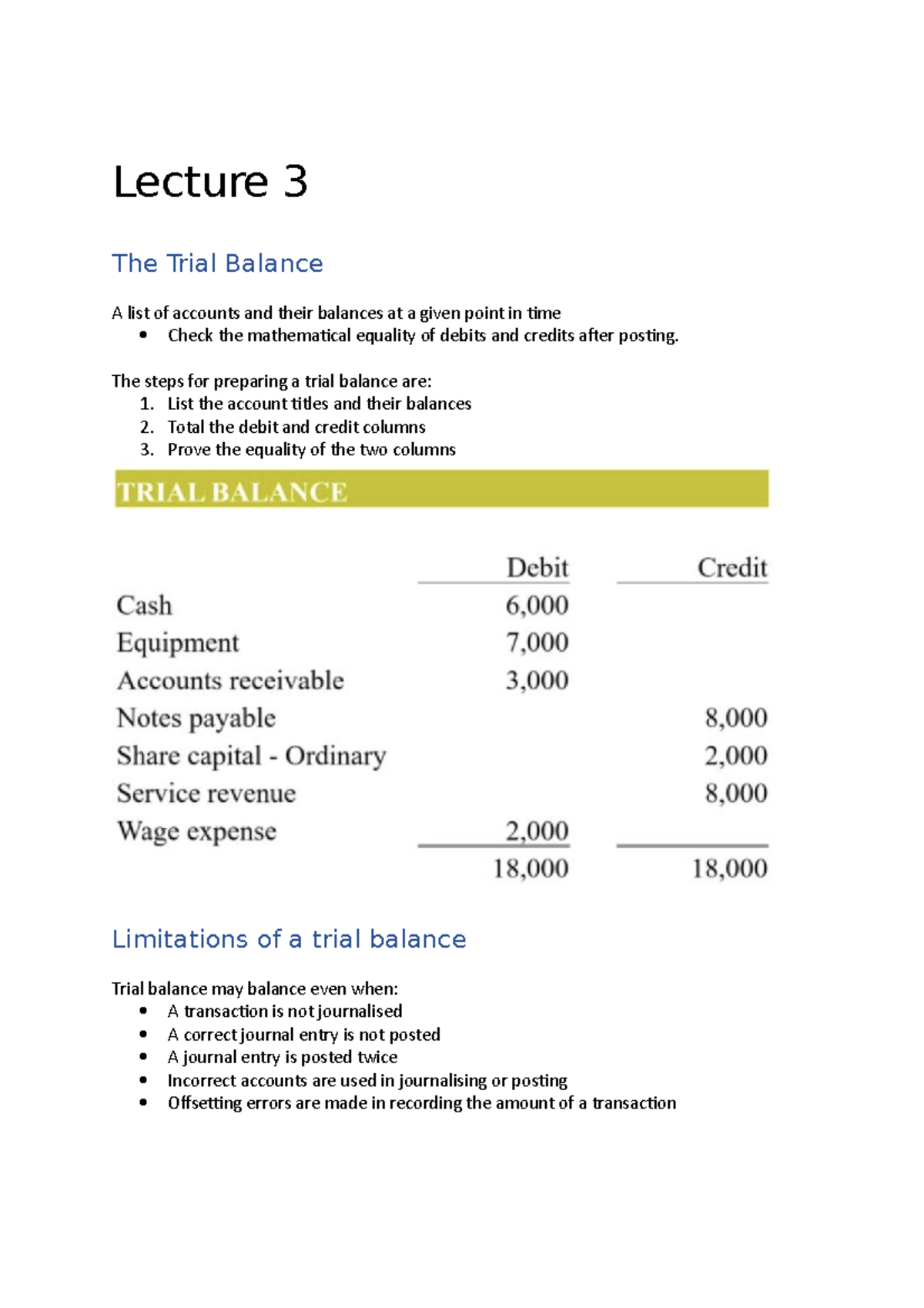 Lecture 3 notes Lecture 3 The Trial Balance A list of accounts and