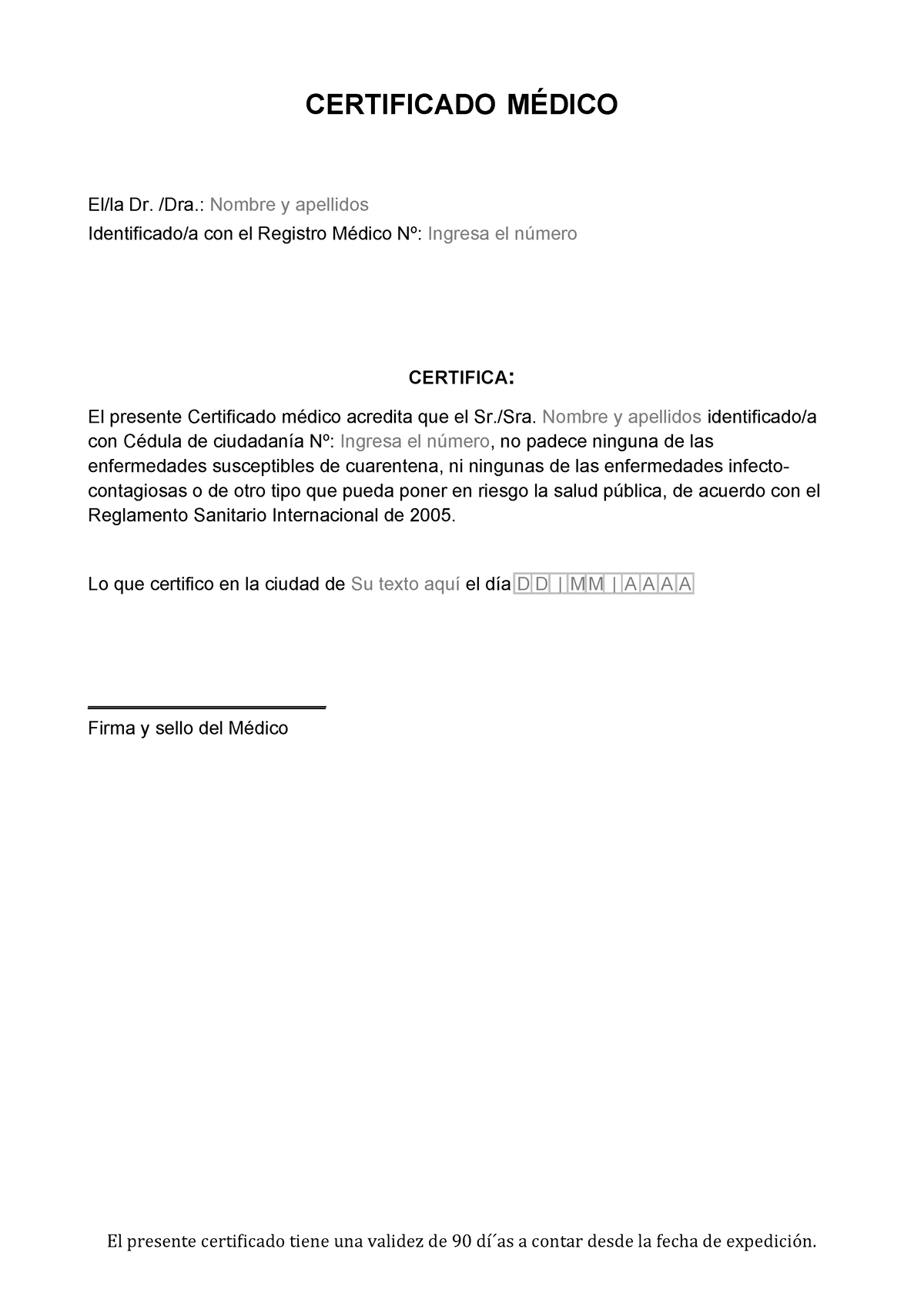 Modelo Certificado Medico 99733 B5aa2 El Presente Certificado Tiene Una Validez De 90 Dí ́as A 5941