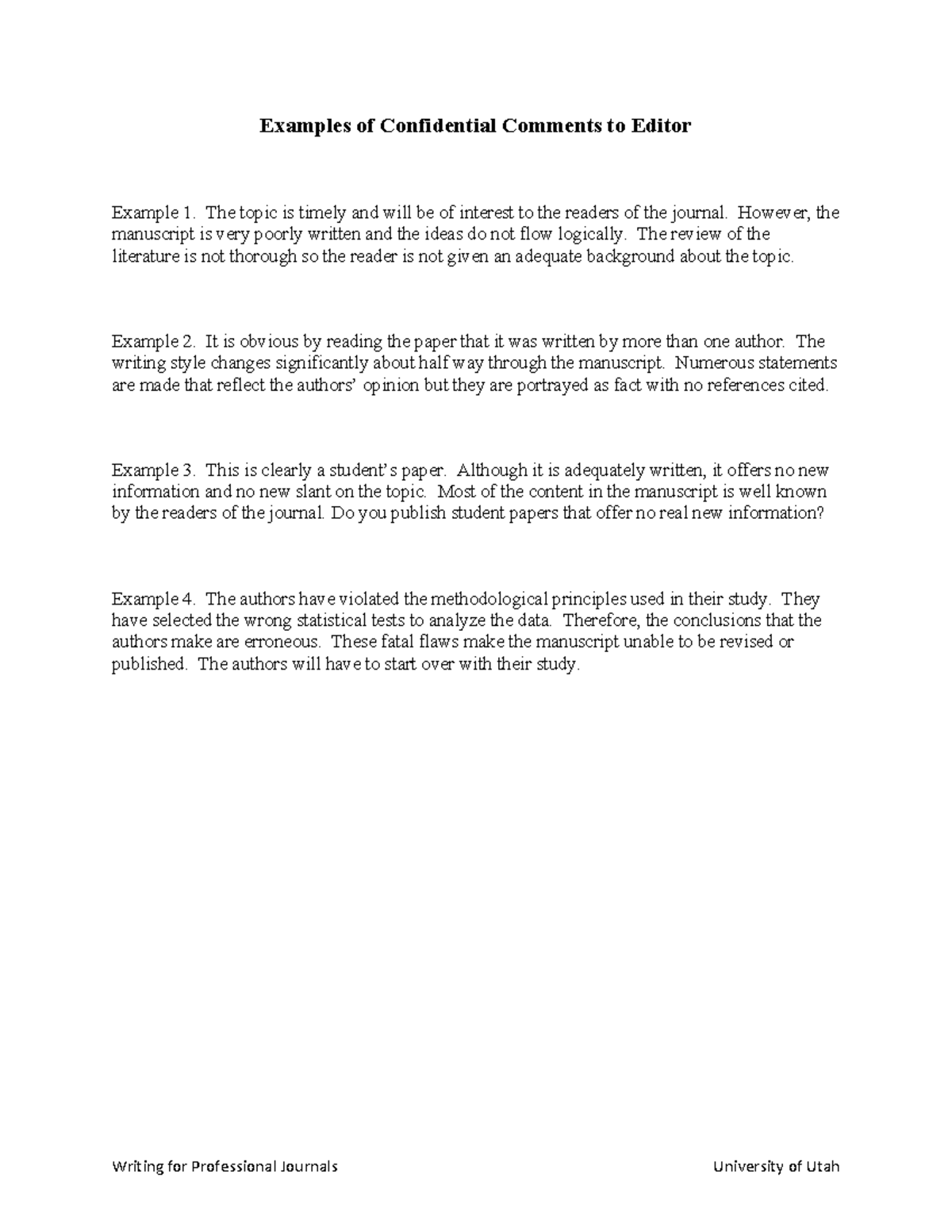 Confidential Comments to Editorasda Writing for Professional Journals