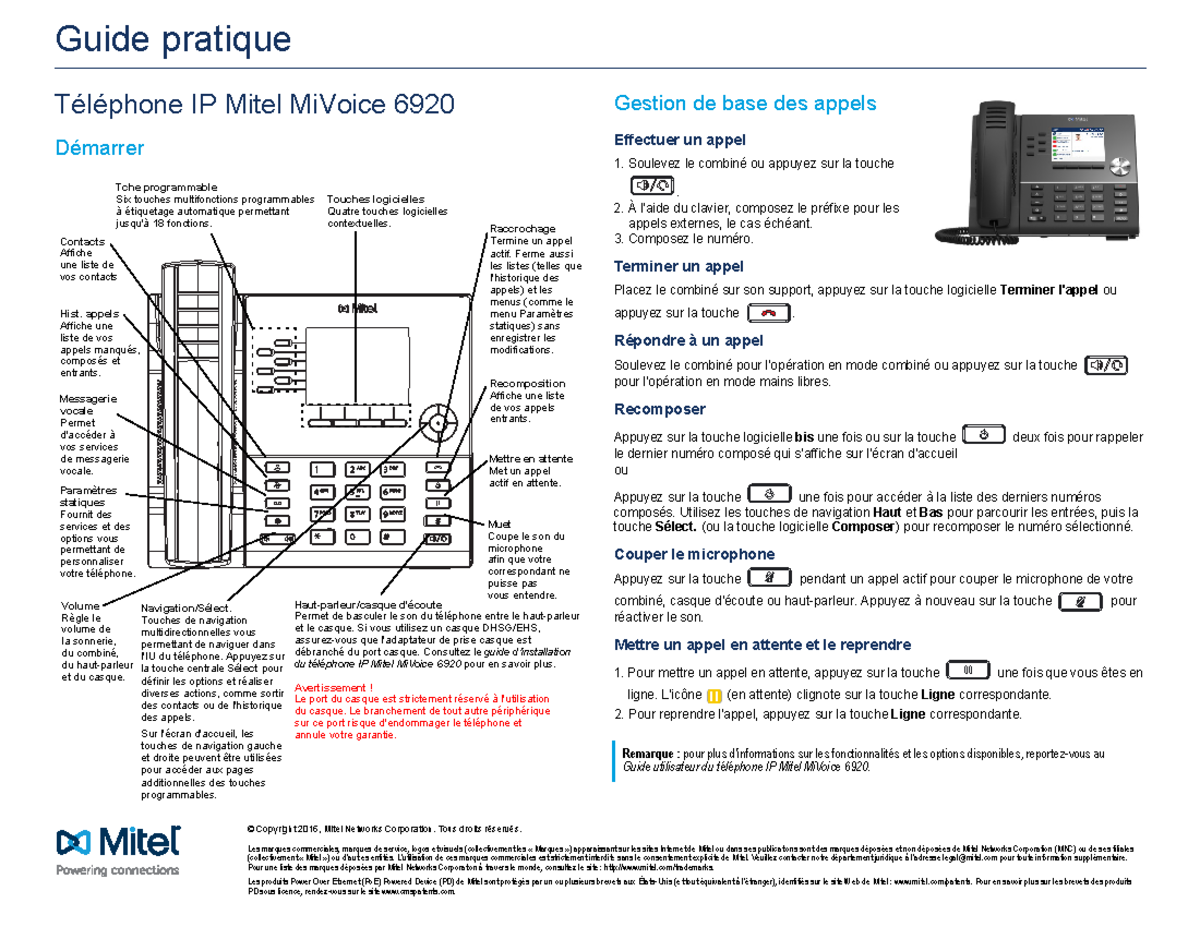 6920 QRG FRC - notes - © Copyright 2016, Mitel Networks Corporation ...