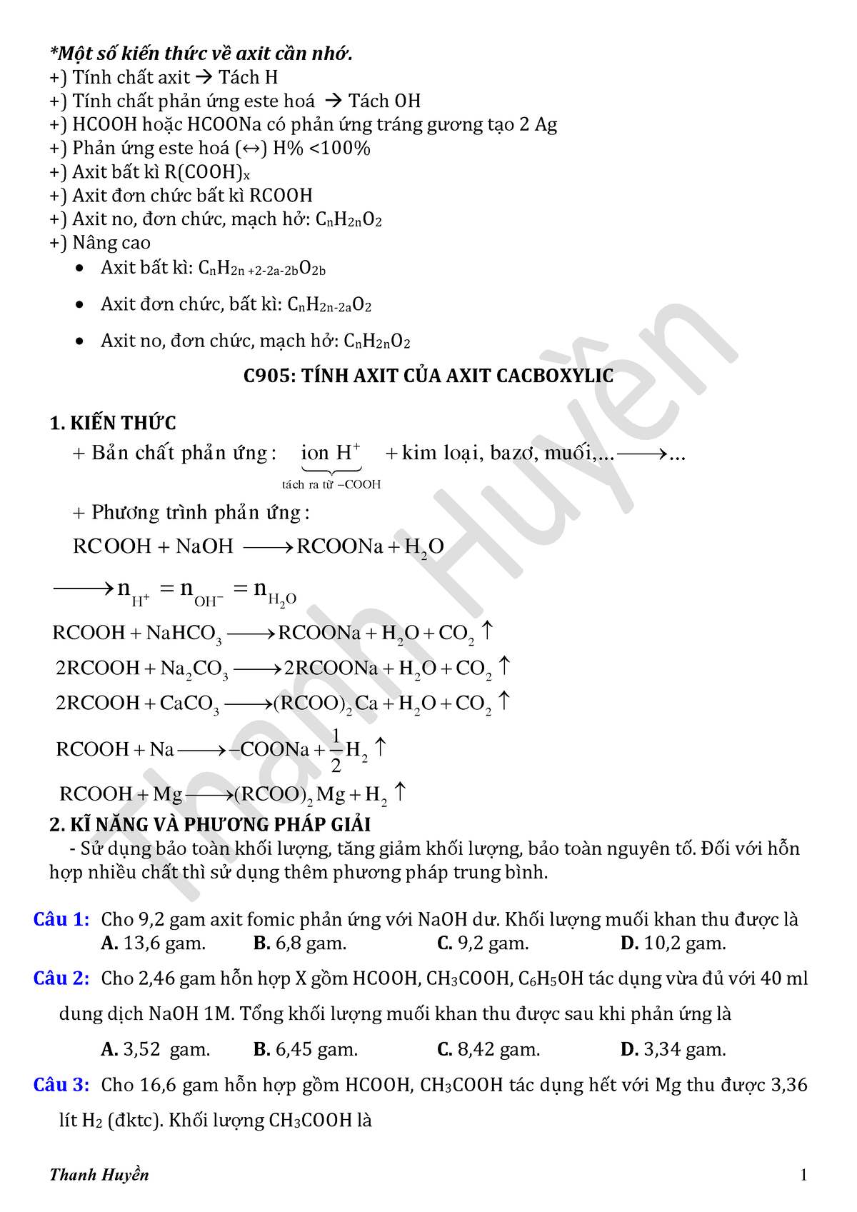 C9 AXIT Cacboxylic BT HS - *Một Số Kiến Thức Về Axit Cần Nhớ. +) Tính ...