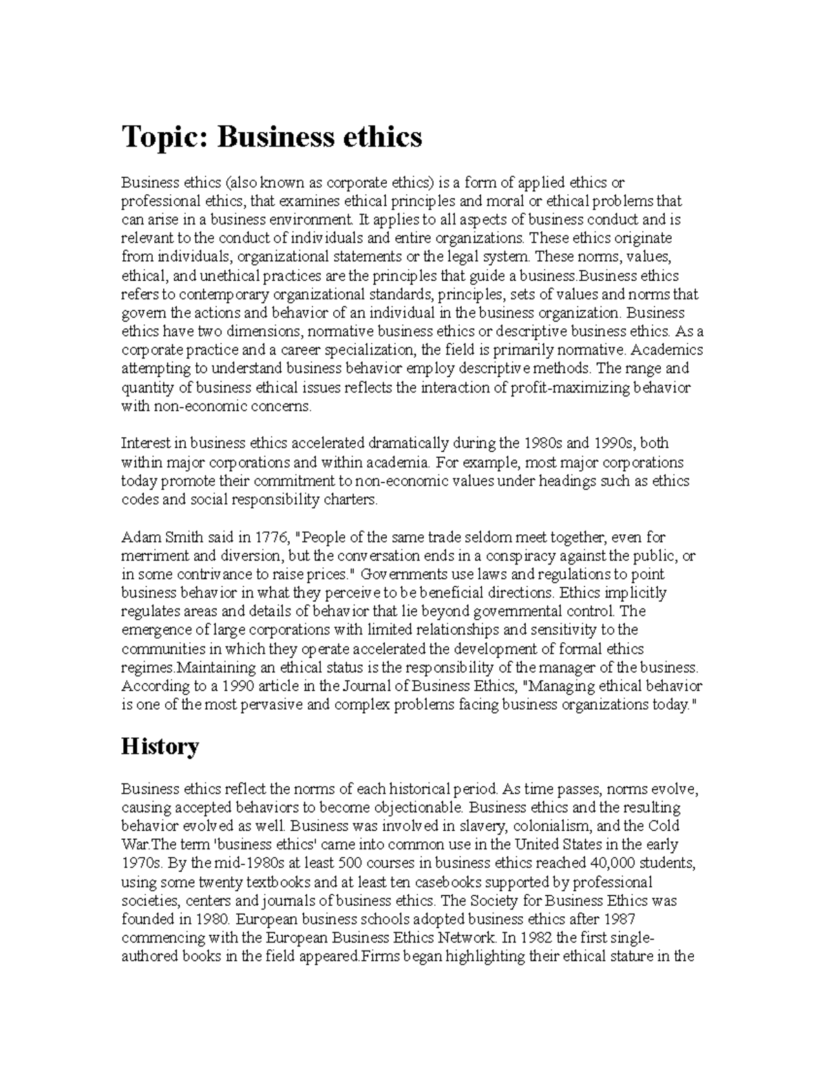 Business Ethics - Topic: Business Ethics Business Ethics (also Known As ...