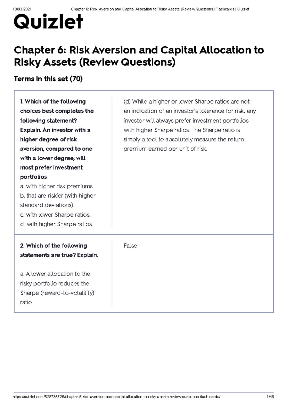 Investments Analysis Chapters 6 Flashcards Quizlet Chapter 6 Risk