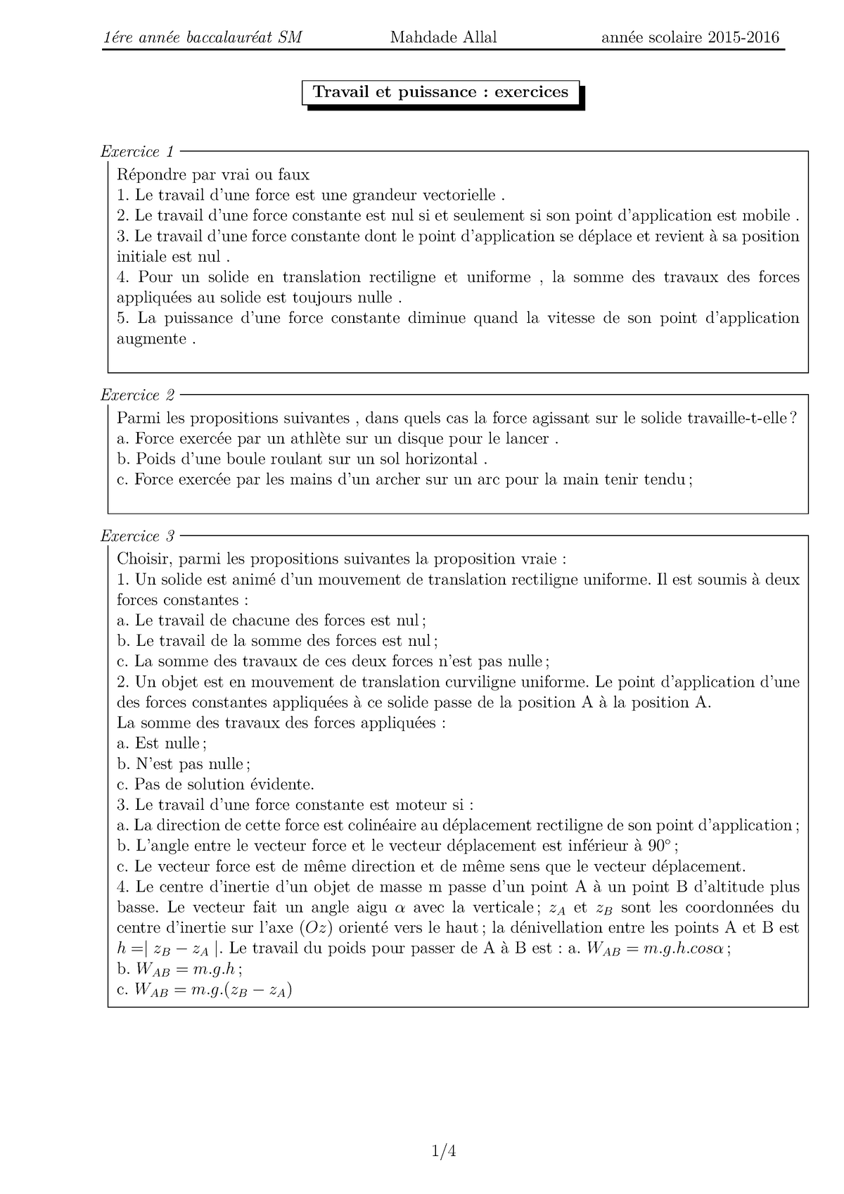 Travail et puissance d une force exercices non corriges 1 - Travail et ...