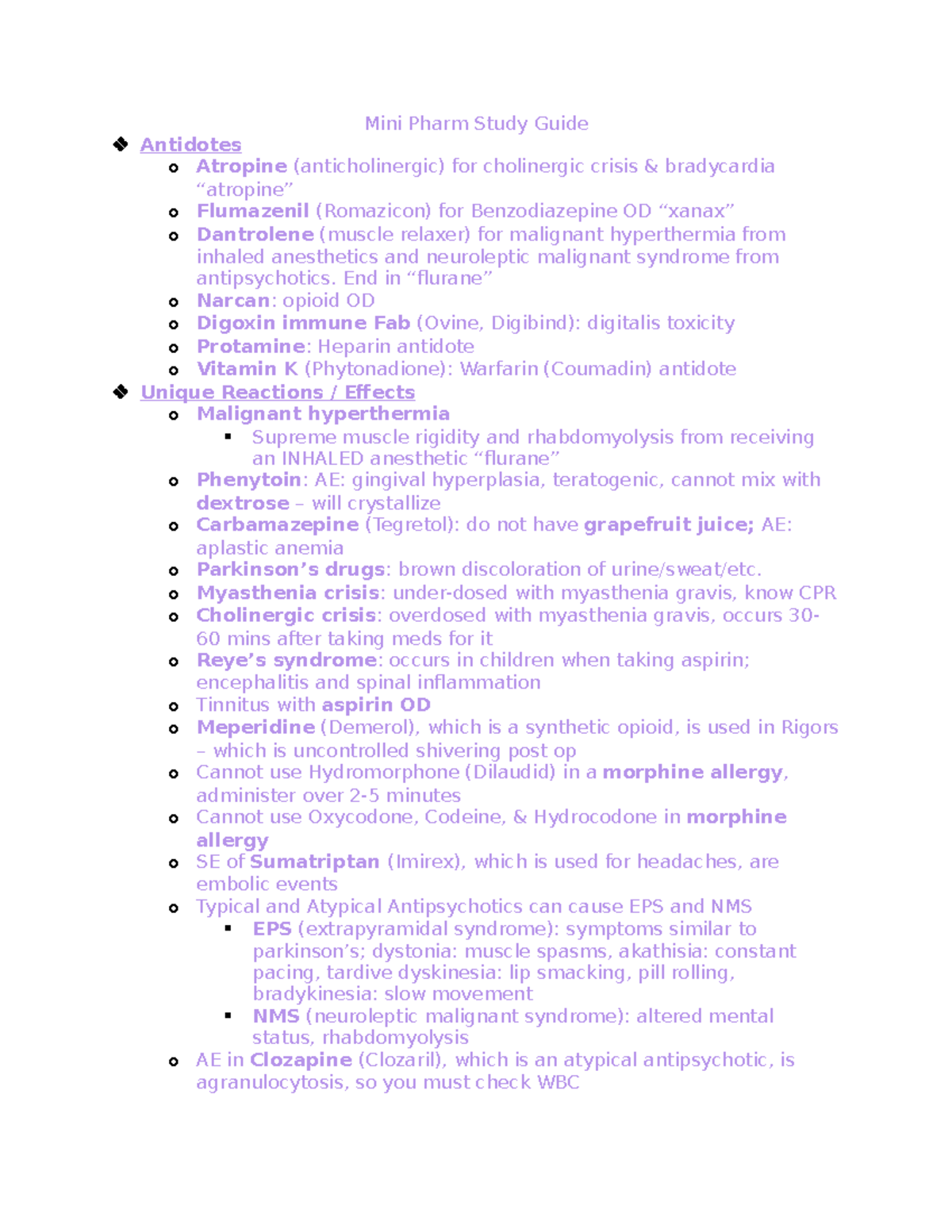 Mini Pharm Study Guide - End in “flurane” o Narcan: opioid OD o Digoxin ...