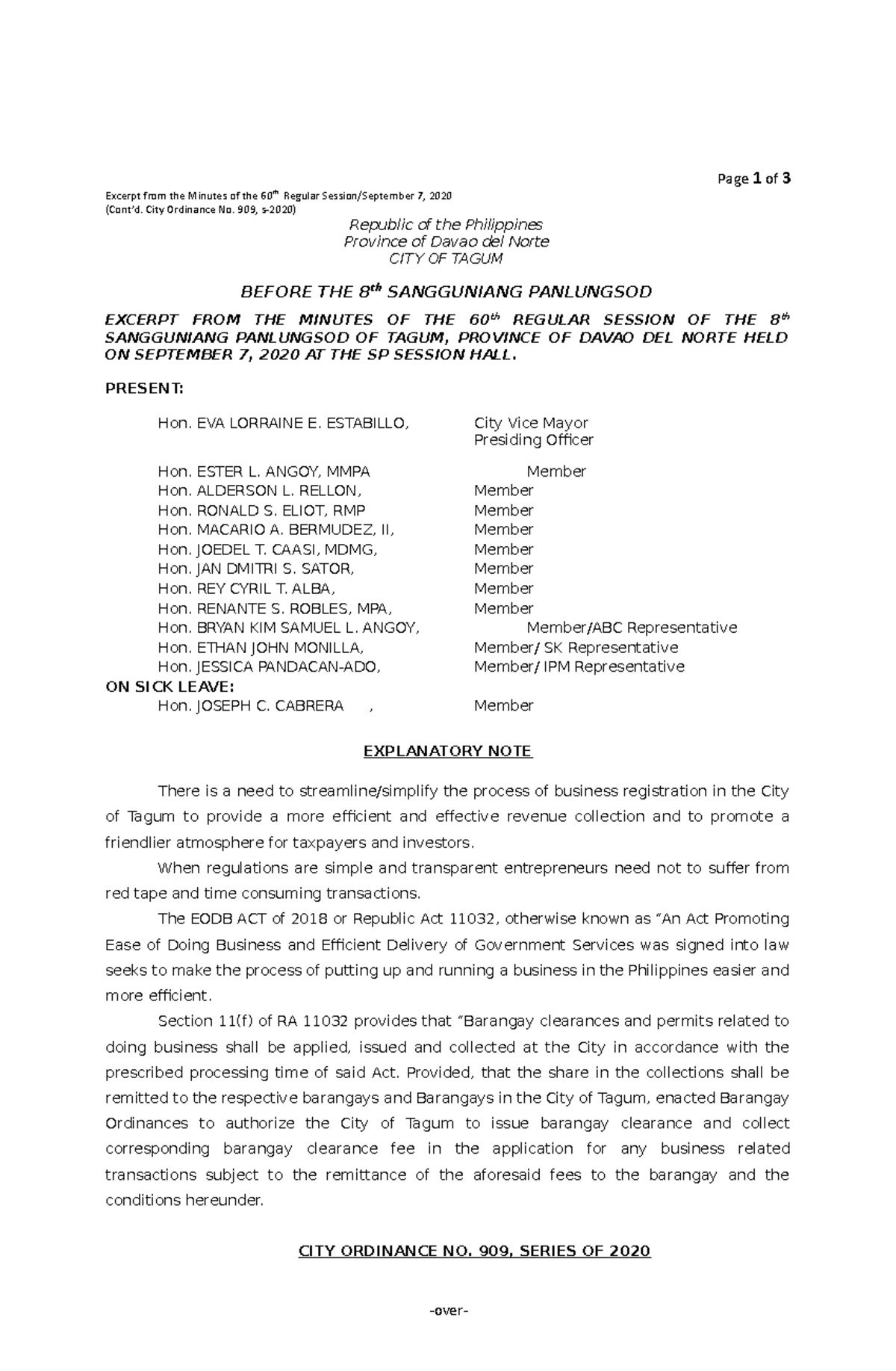 CO 909 20 Collection OF Corresponding Barangay Clearance FEES IN THE