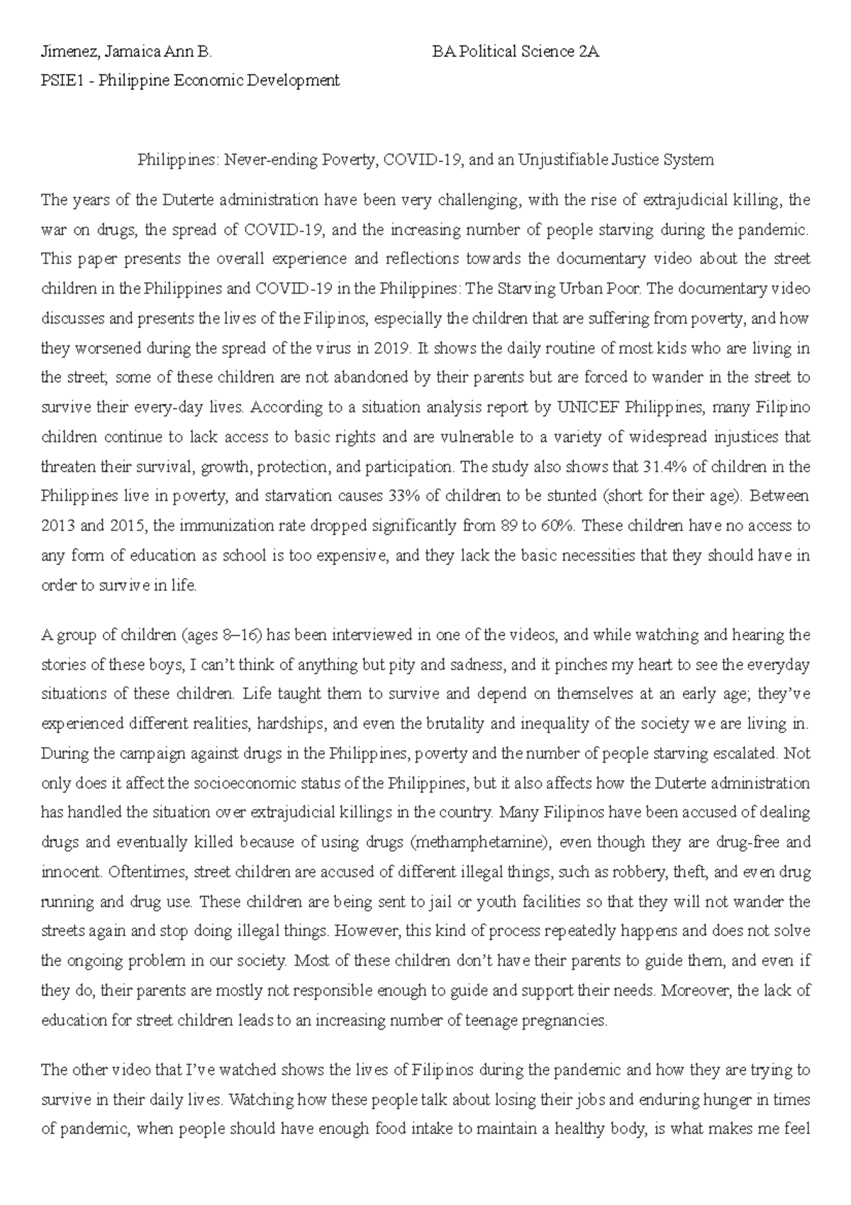 PSIE1 - Reflection Paper - Jimenez, Jamaica Ann B. BA Political Science ...