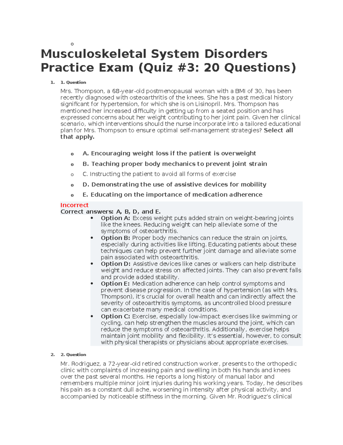 Musculoskeletal System Disorders Practice Exam 1 - 1. Question Mrs ...