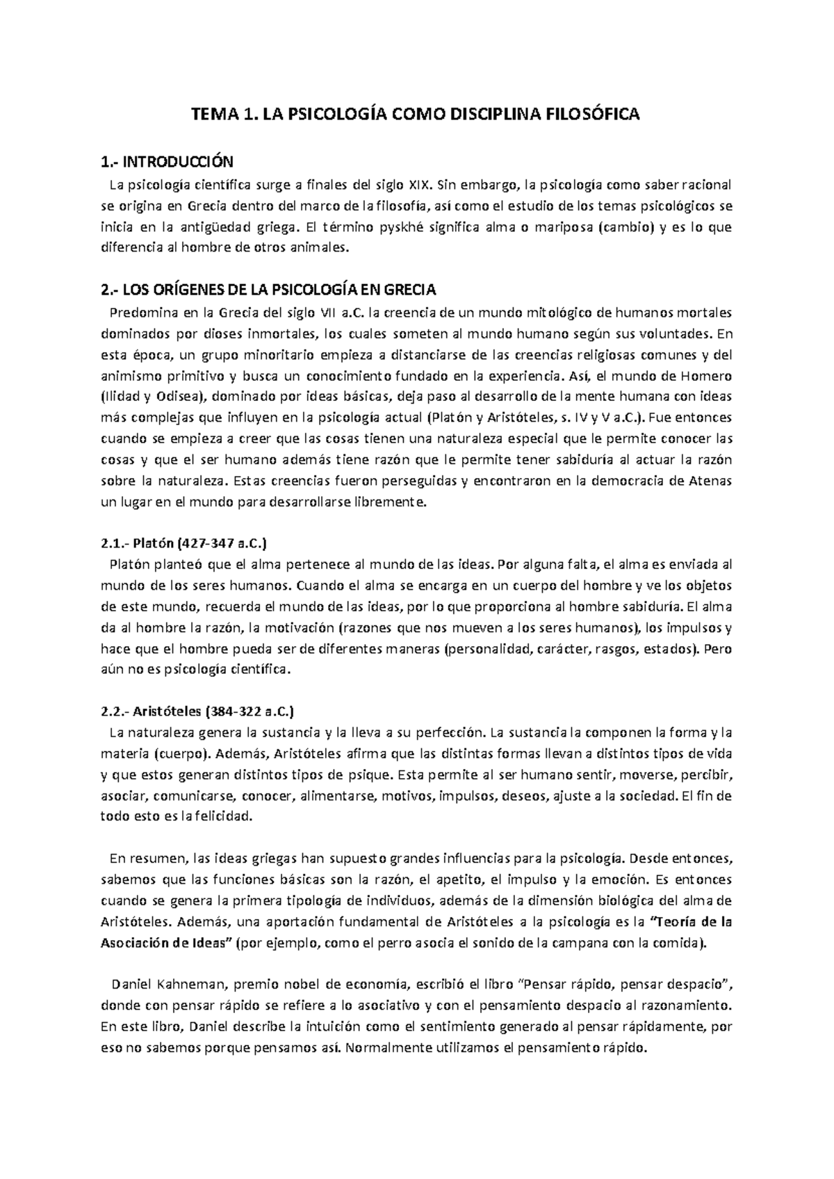 TEMA 1 - Apuntes 1 - TEMA 1. LA PSICOLOGÍA COMO DISCIPLINA FILOSÓFICA 1 ...