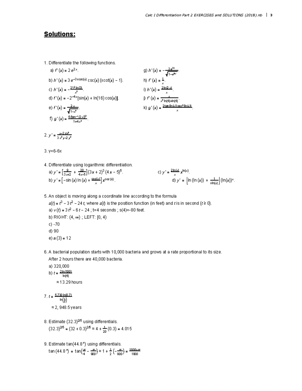 Differentiation part 2 solutions - Solutions: Differentiate the ...