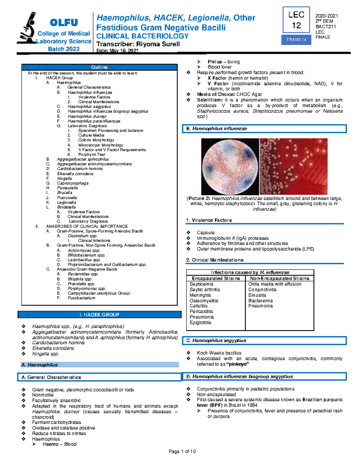 BACT LEC 14 Trans - none - Haemophilus, HACEK, Legionella, Other ...