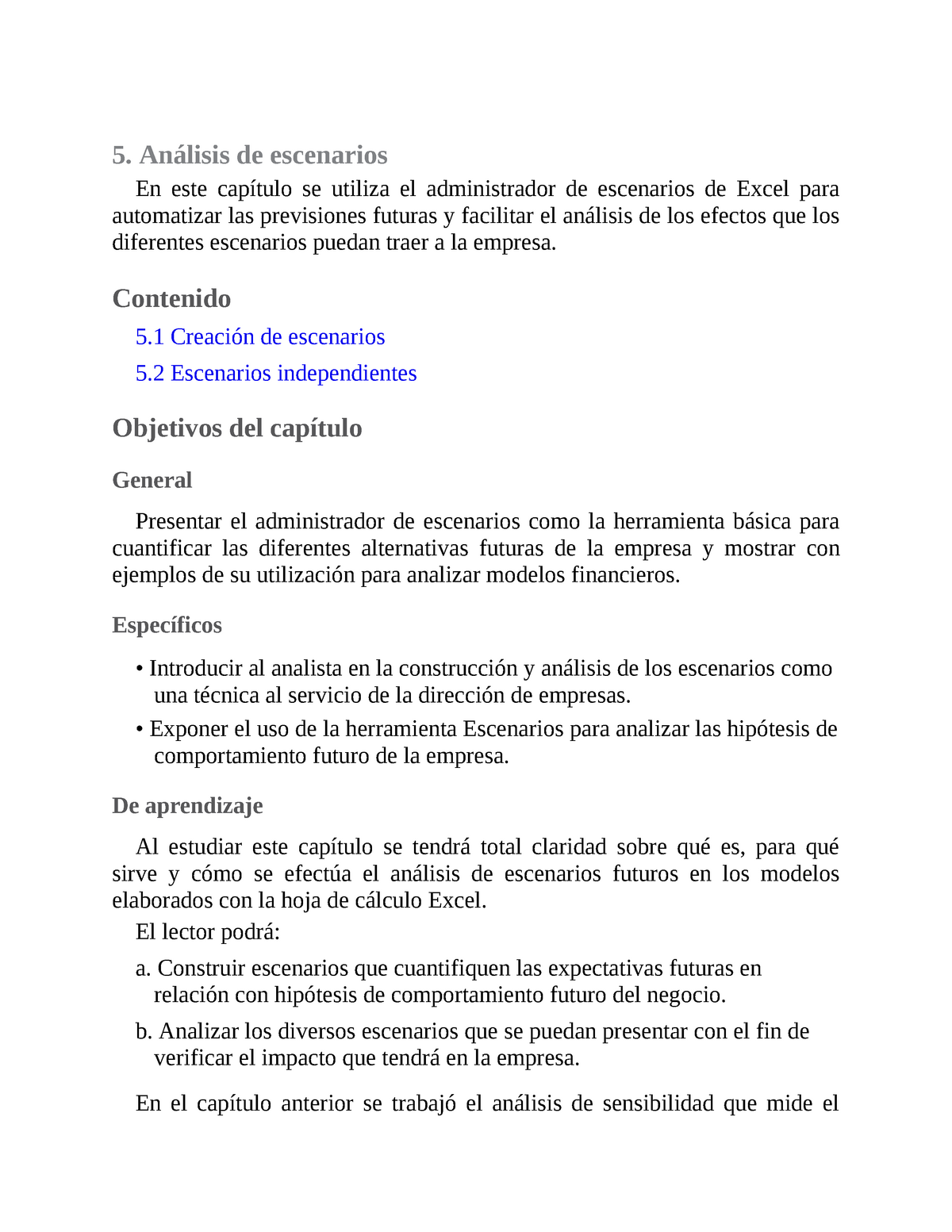 Cap5 Analisis de Escenarios Gutierres Modelos Financieros con Excel 2013 -  5. Análisis de escenarios - Studocu