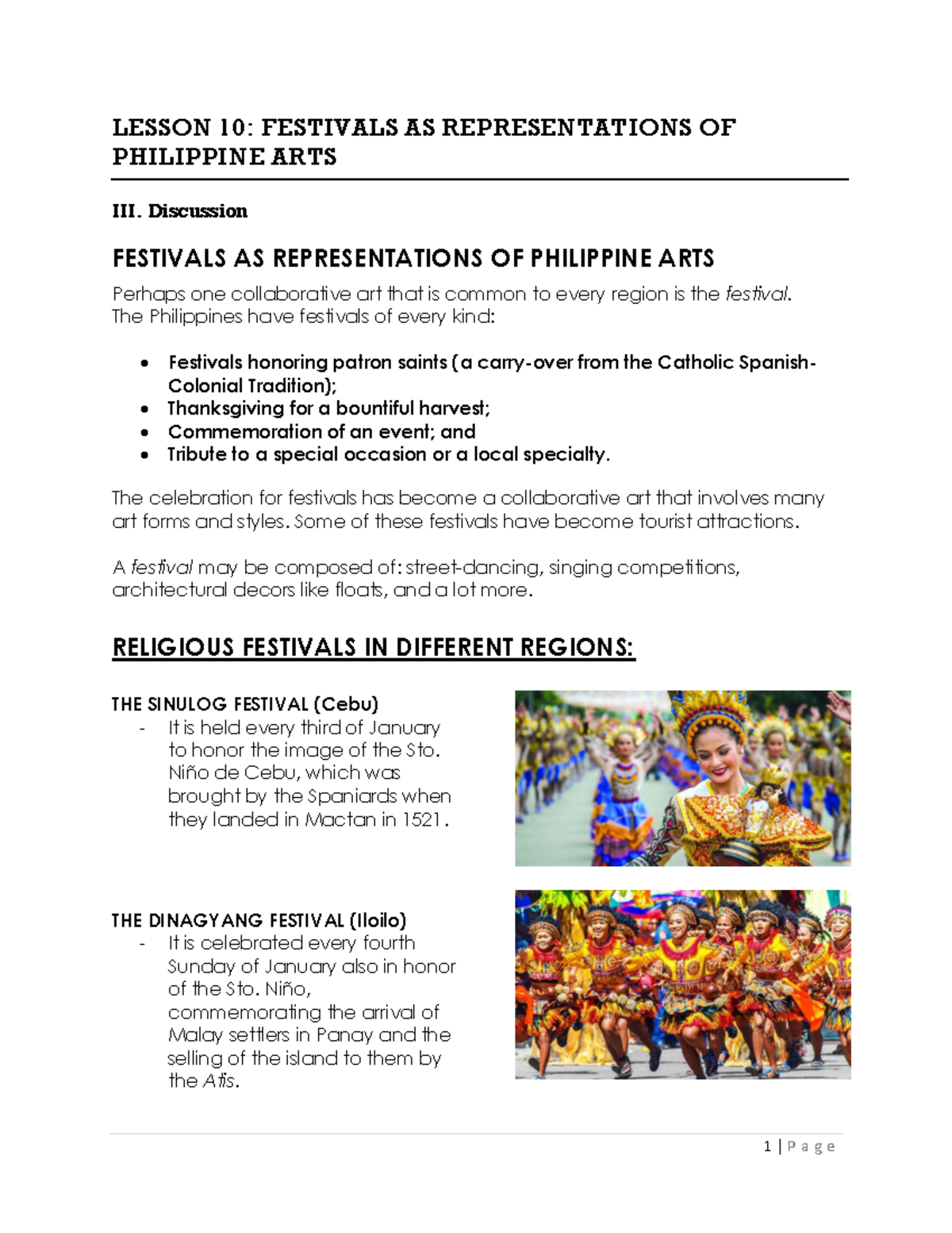 L10 CPAR Handout - FESTIVALS AS REPRESENTATIONS OF PHILIPPINE ARTS ...