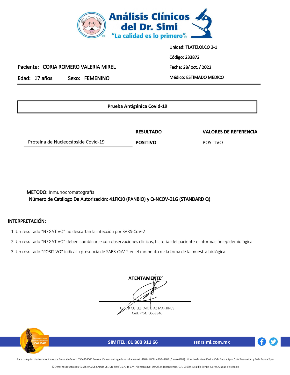 Resultados Pcr Similares 28 Oct 2022 Paciente Coria Romero Valeria Mirel Edad 17 AÒos Sexo 6130