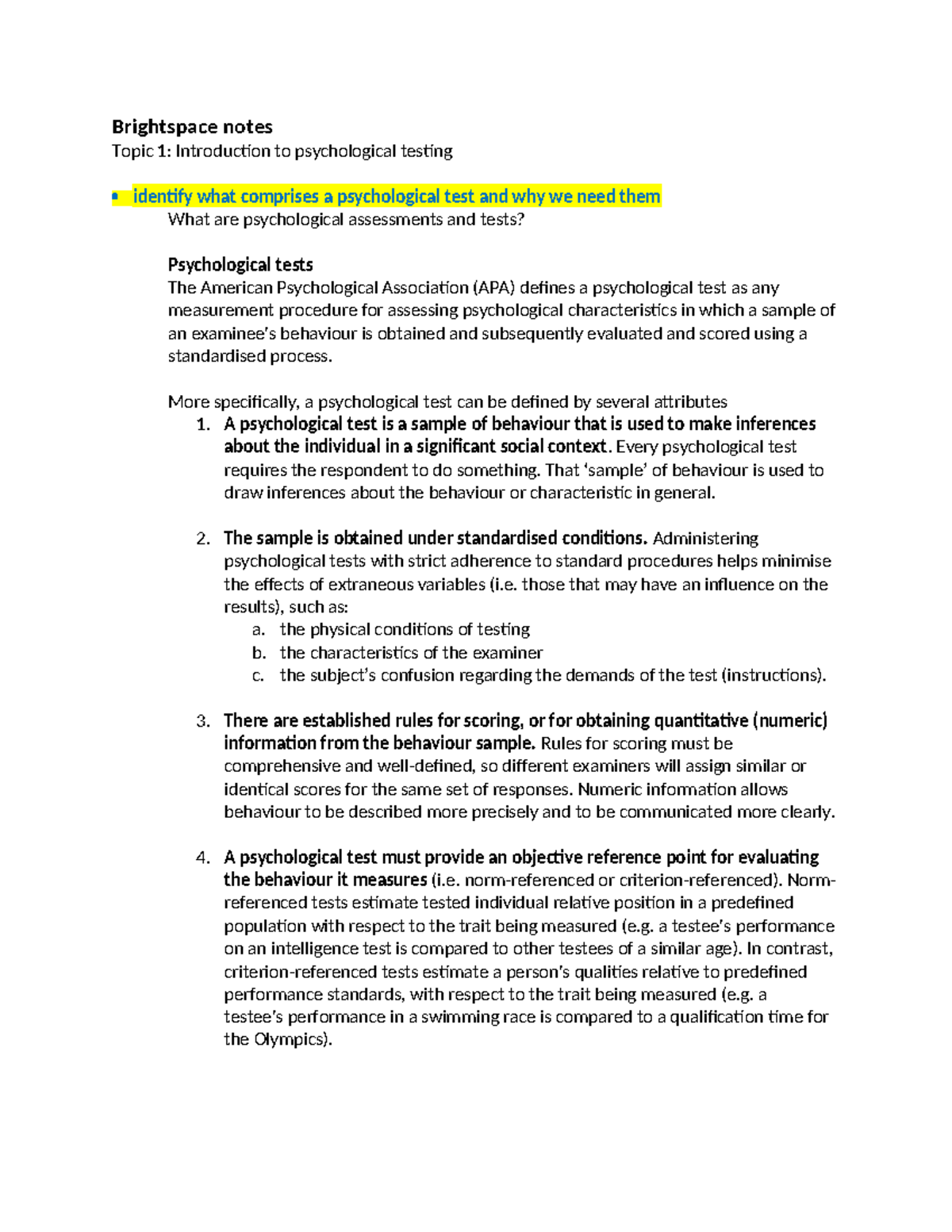 Brightspace notes Topic 1 Intro to psychological testing - Brightspace ...