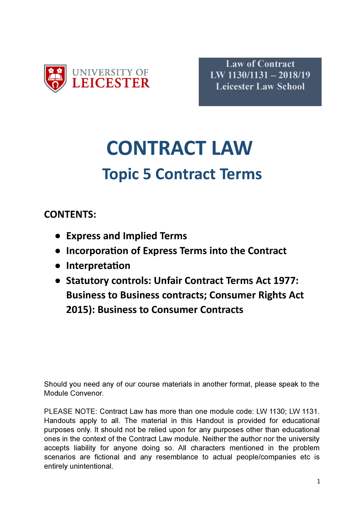 Contract Terms - PLEASE NOTE: Contract Law Has More Than One Module ...