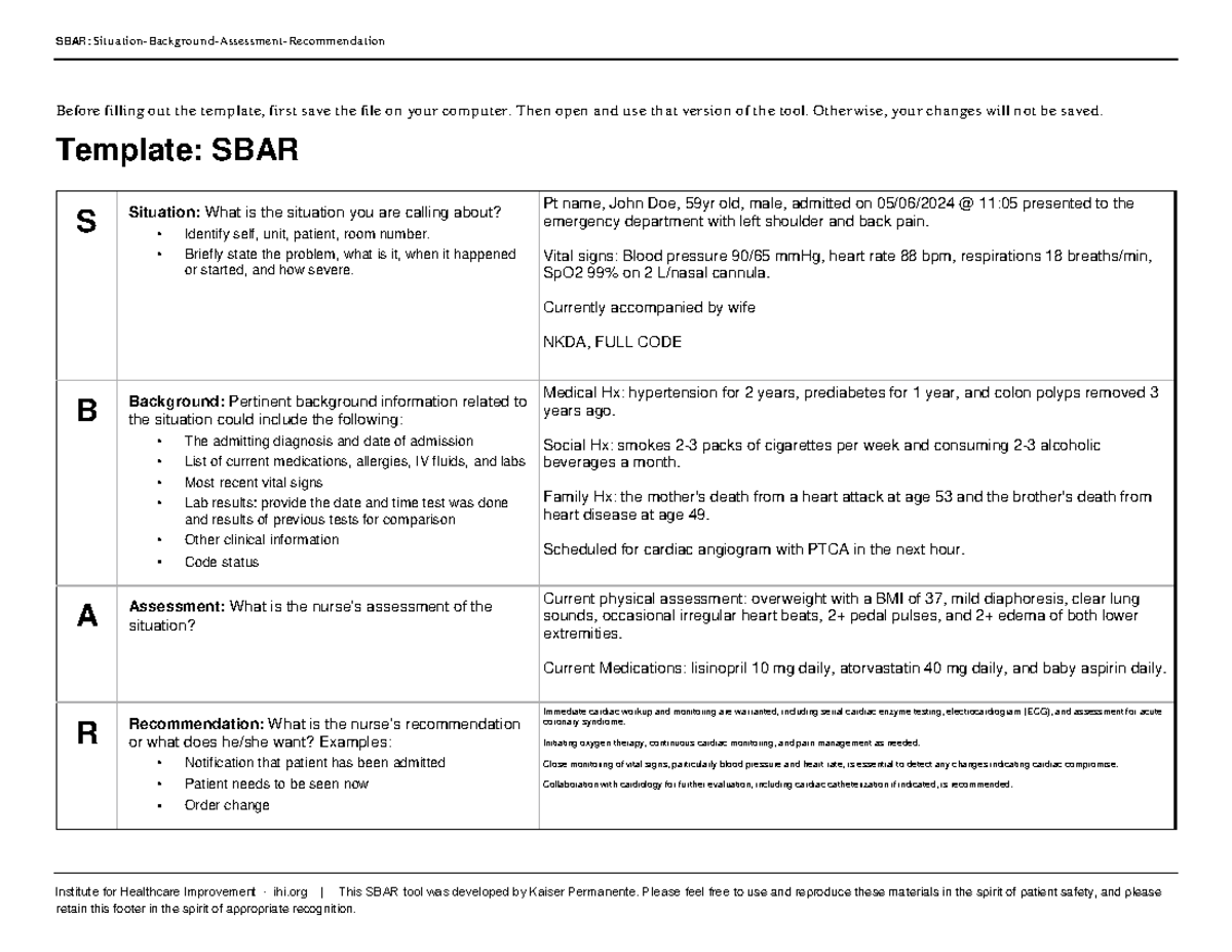 SBAR - SBAR - SBAR: Situation-Background-Assessment-Recommendation ...