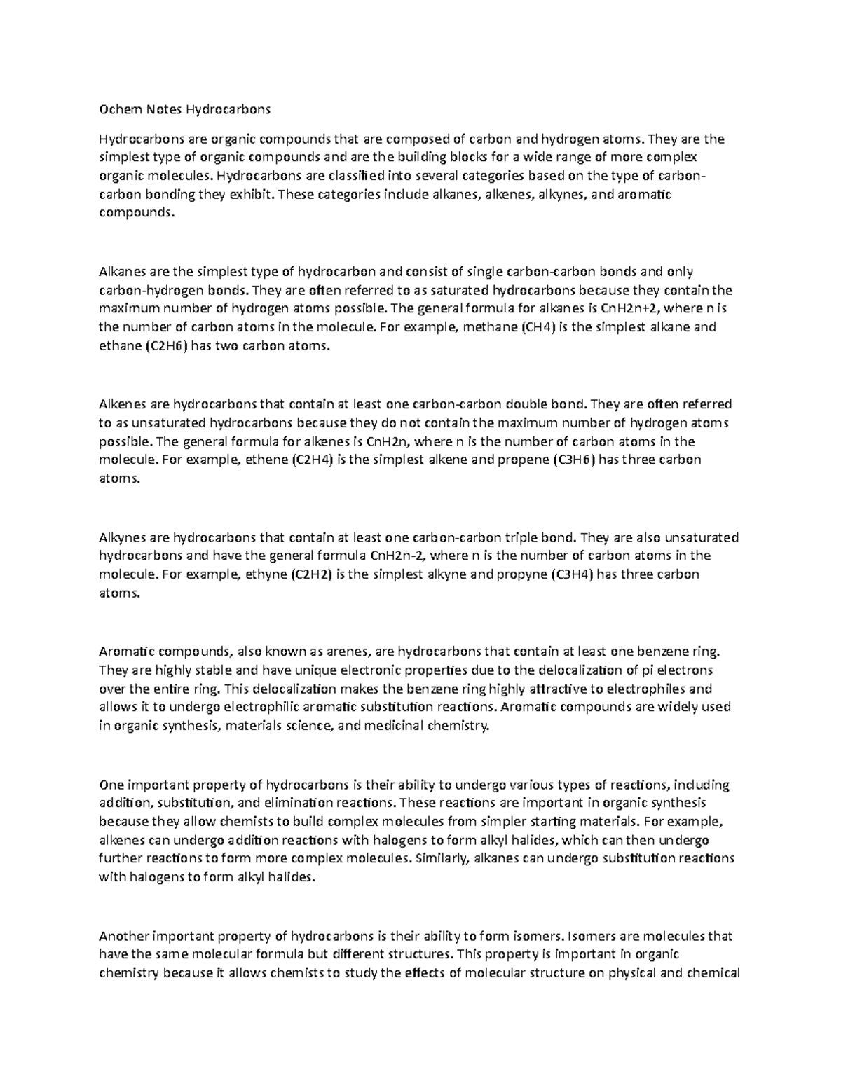 Ochem Notes Hydrocarbon - Ochem Notes Hydrocarbons Hydrocarbons are ...