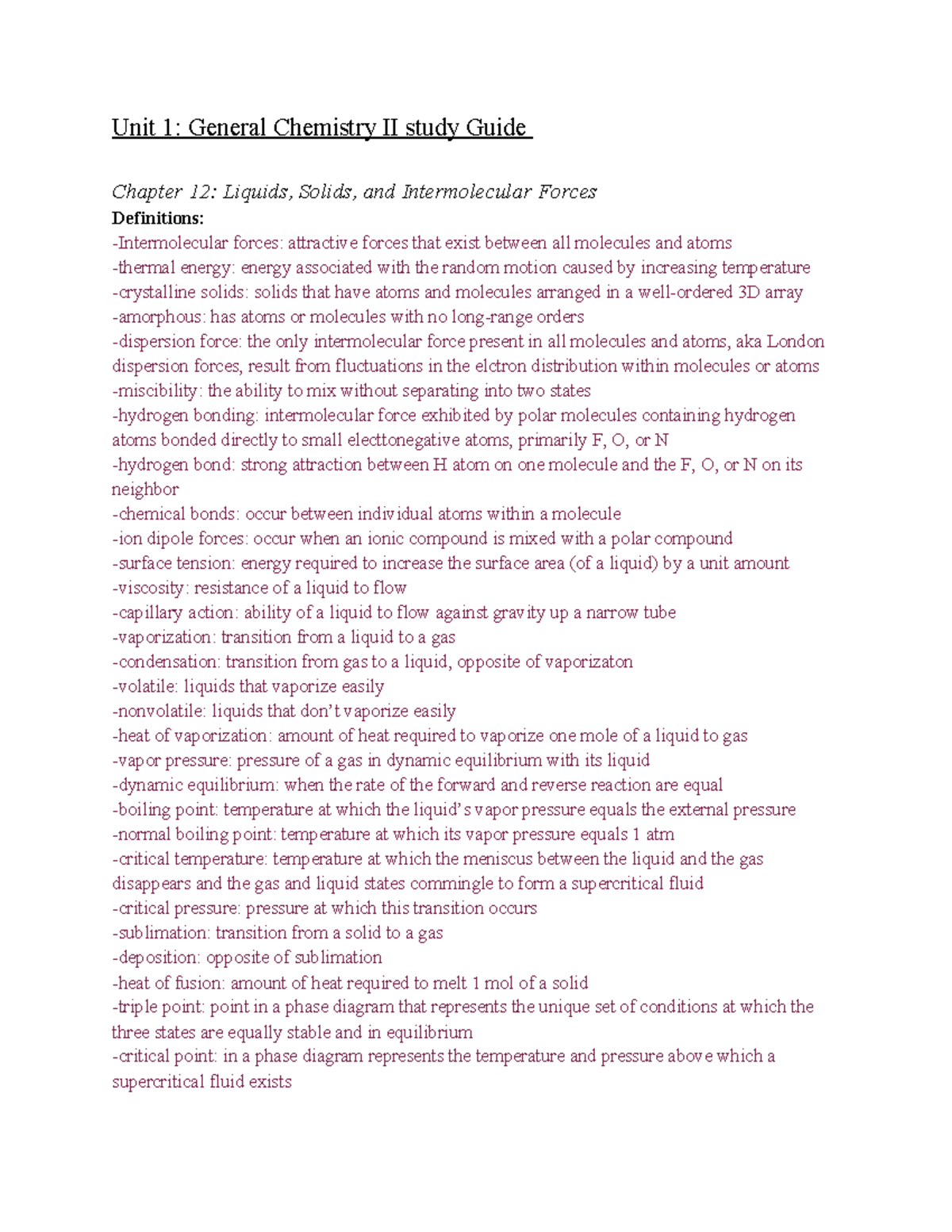 Gen Chem II Unit 1 Study Guide - Unit 1: General Chemistry II study ...
