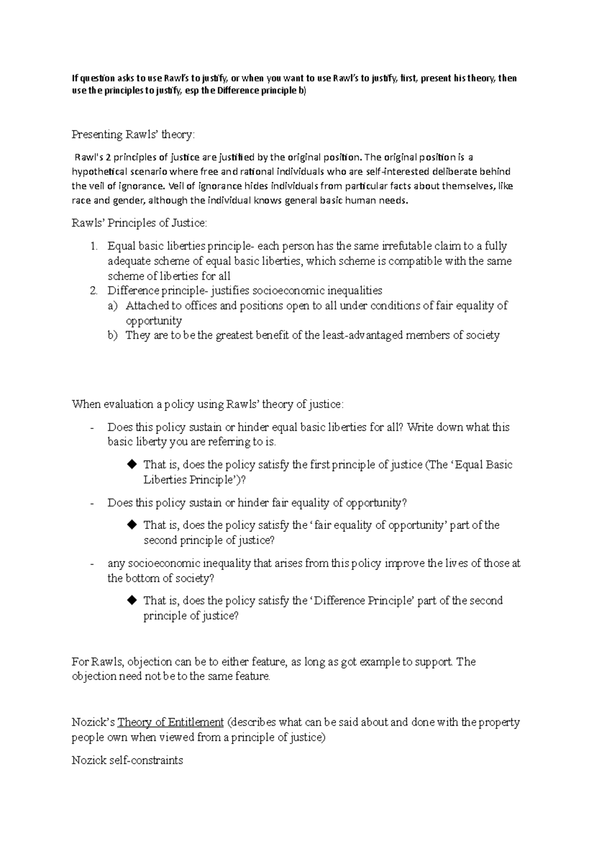 EXAM - Lecture notes 6 - If question asks to use Rawl’s to justify, or ...