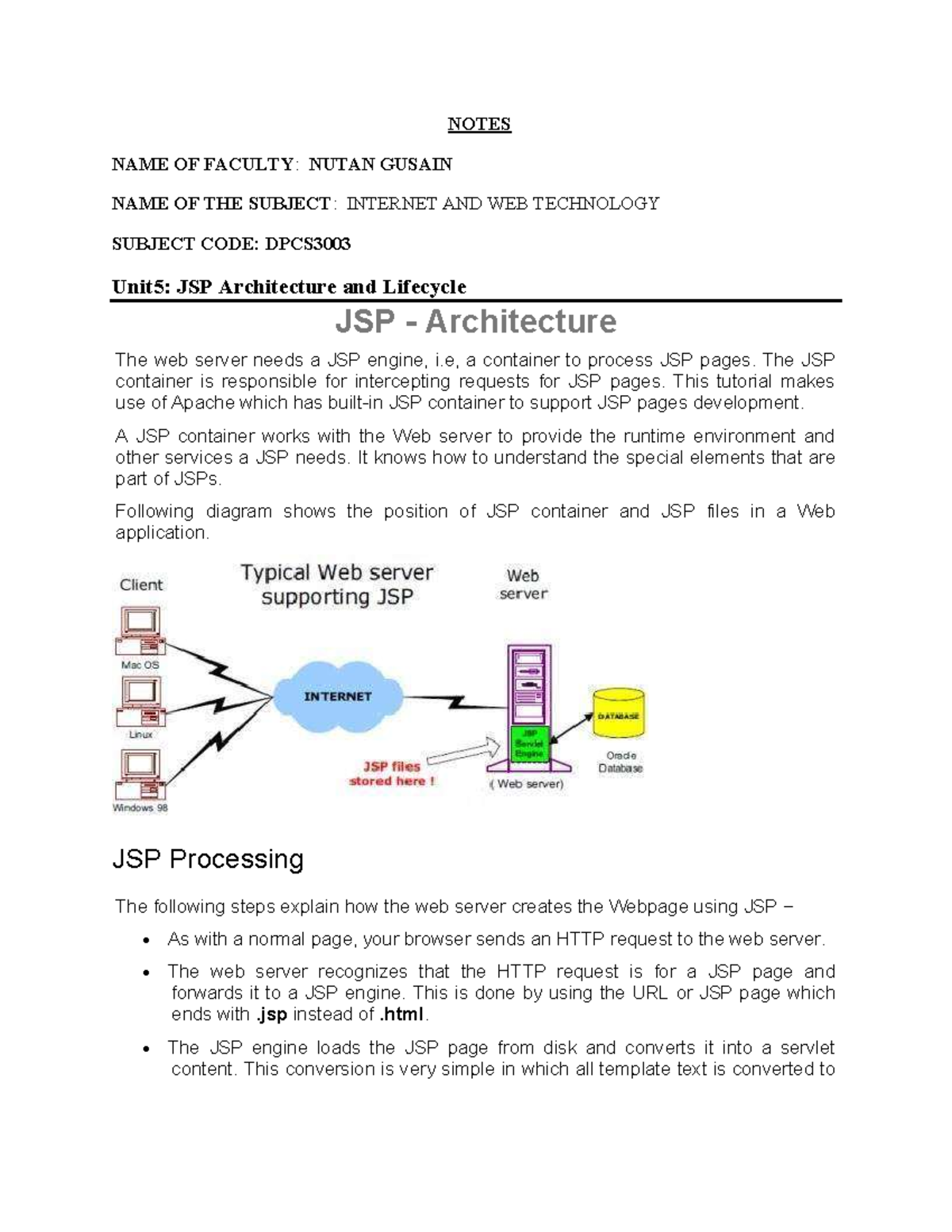 5.2 JSP Architecture and Lifecycle - NOTES NAME OF FACULTY: NUTAN ...