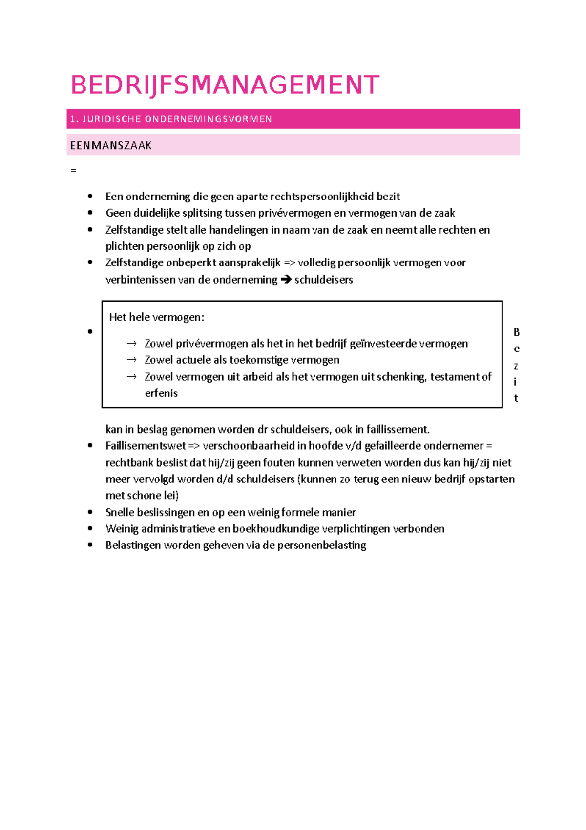 BM Samenvatting - BEDRIJFSMANAGEMENT JURIDISCHE ONDERNEMINGSVORMEN ...