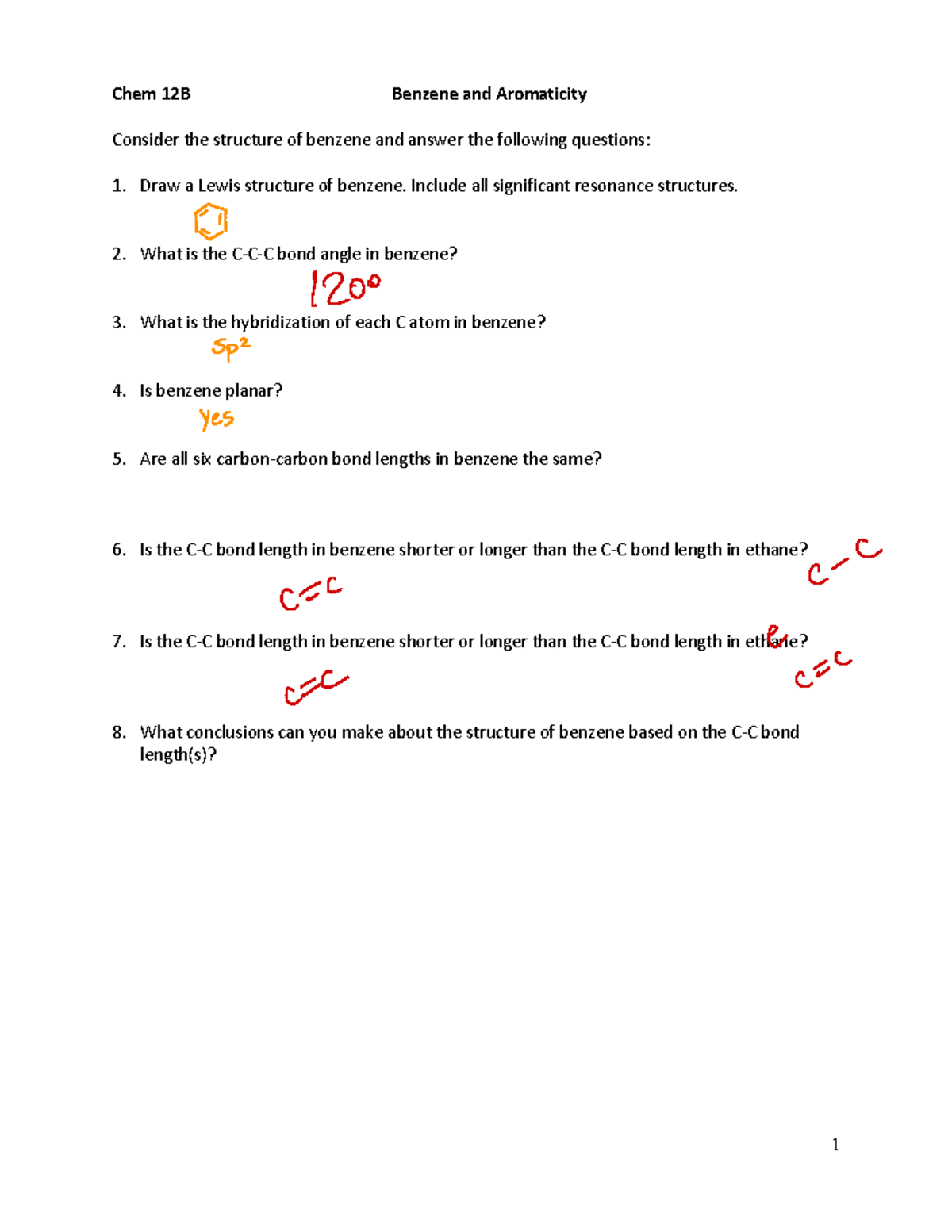 Benzene 26 Aromaticity WS - 1 Chem 12B Benzene and Aromaticity Consider ...