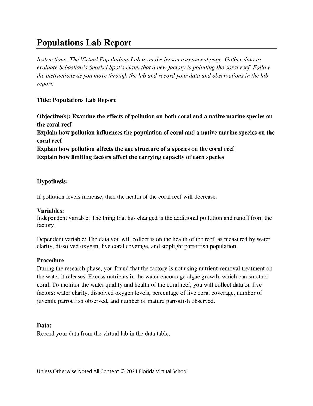 Population lab report - Biology - Populations Lab Report Instructions ...