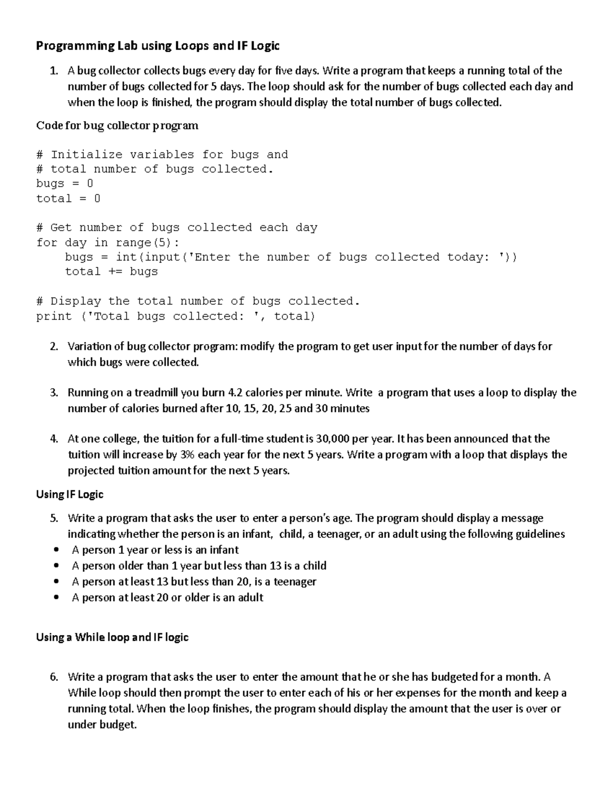 Looping and IF Lab - if work - Programming Lab using Loops and IF Logic ...