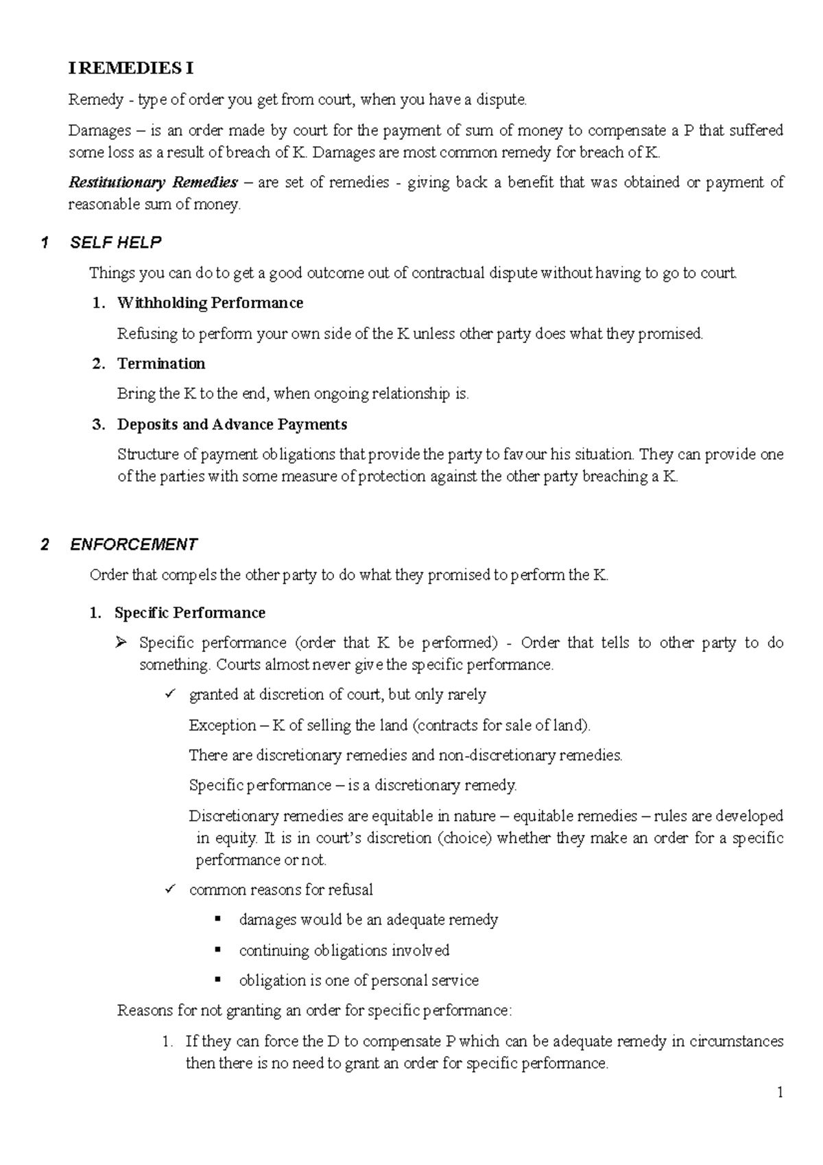 Contract Notes 2010 - I REMEDIES I Remedy - type of order you get from ...