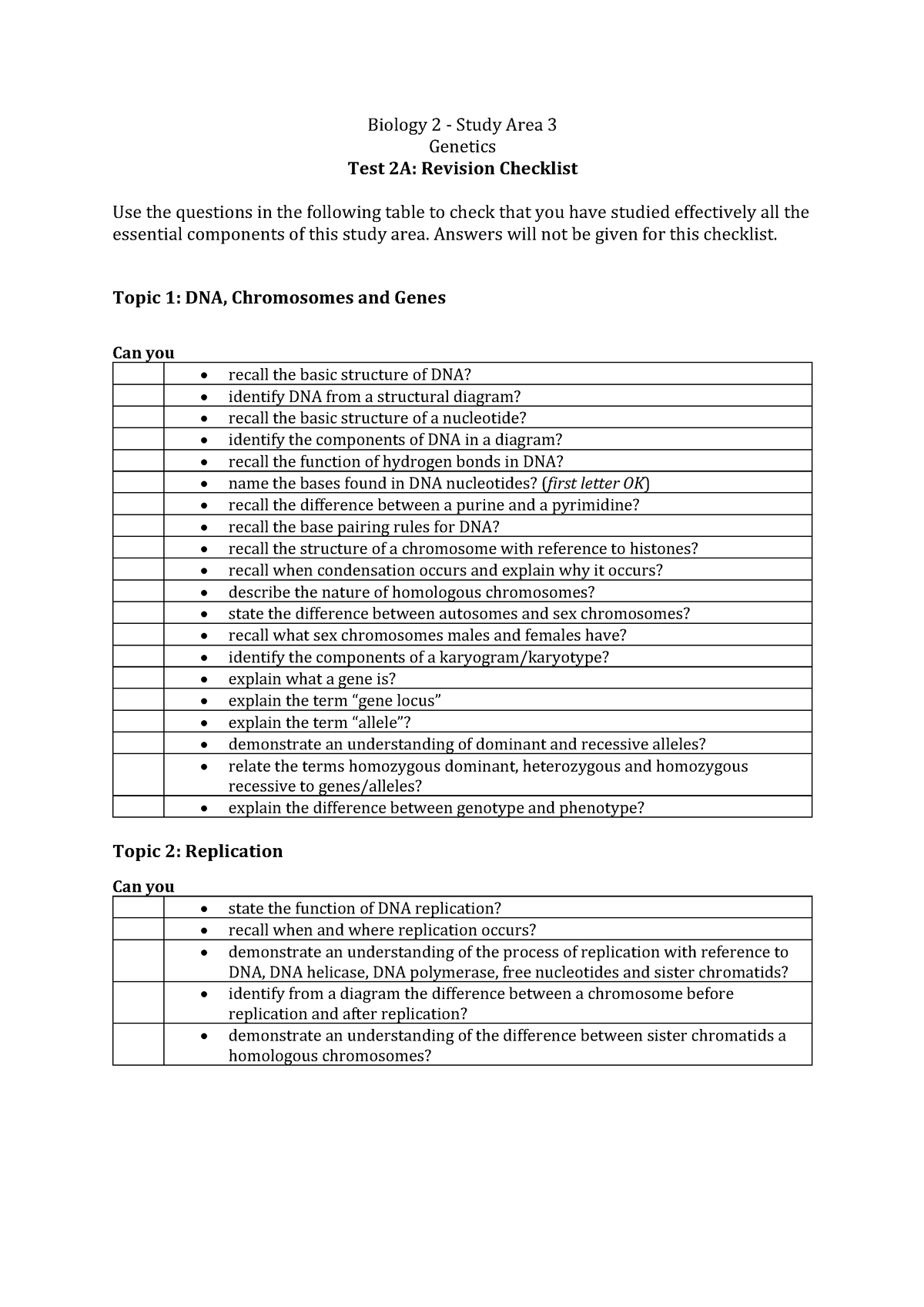 Study Checklist Test 2A - Biology 2 - Study Area 3 Genetics Test 2A