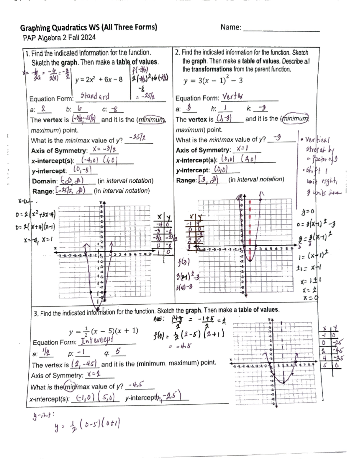 Key Quadratic Functions All Forms Fall 2024 - Graphing Quadratics WS ...