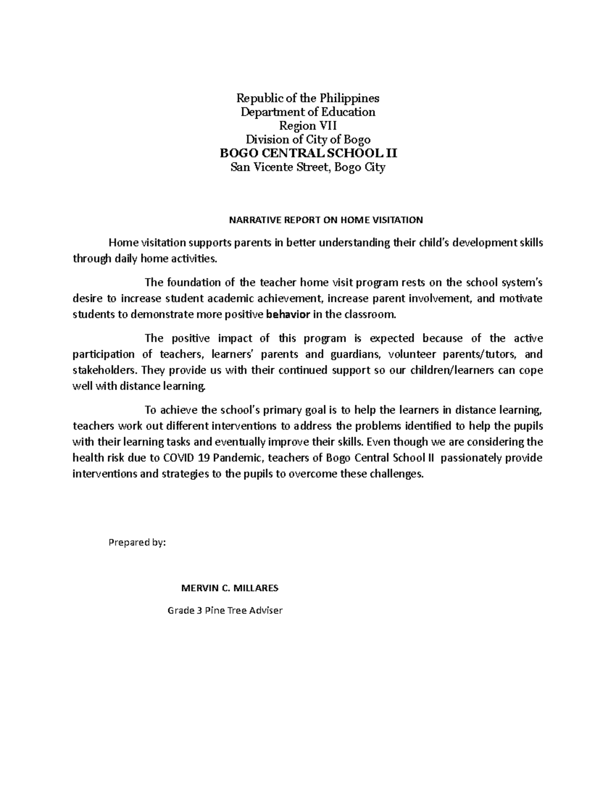 home-visitation-report-republic-of-the-philippines-department-of