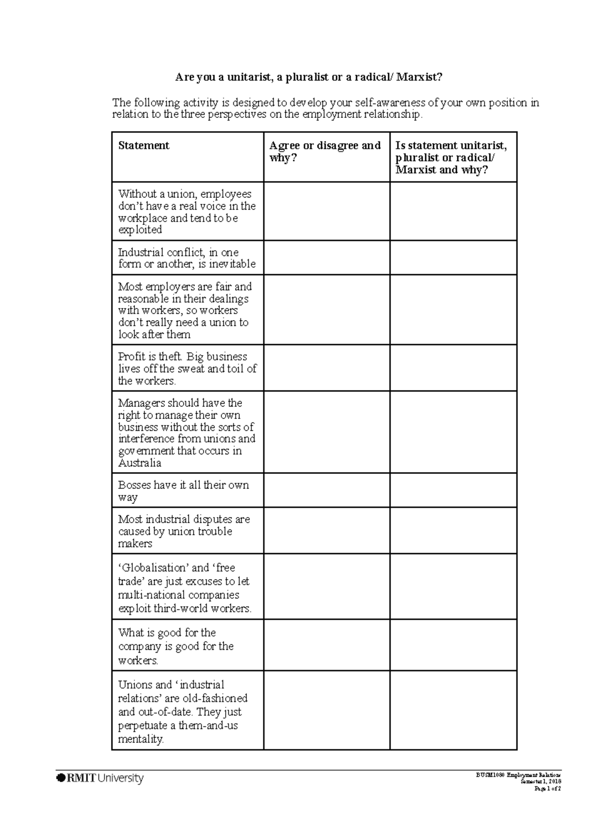 Tutorial 1 Activity Are You A Unitarist Pluralist Radical Table ...