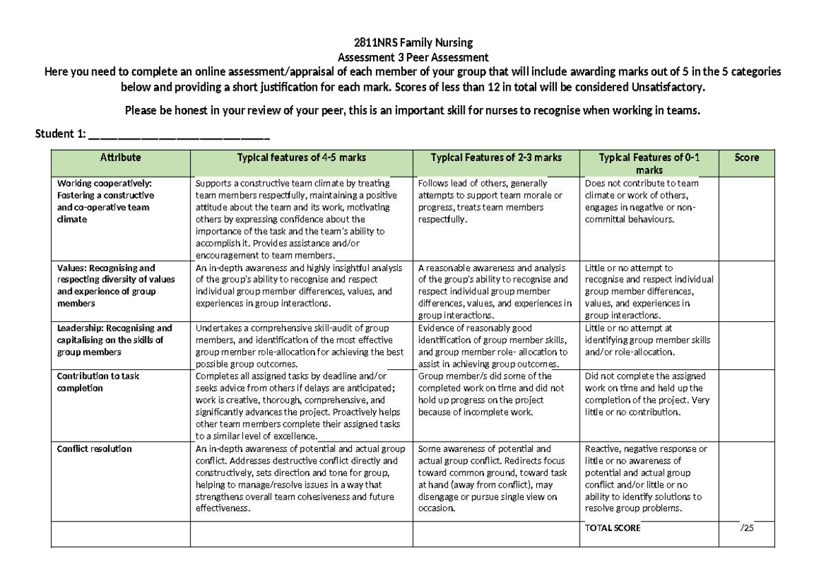 Assess 3 Peer Assessment rubric - 2811NRS Family Nursing Assessment 3 ...