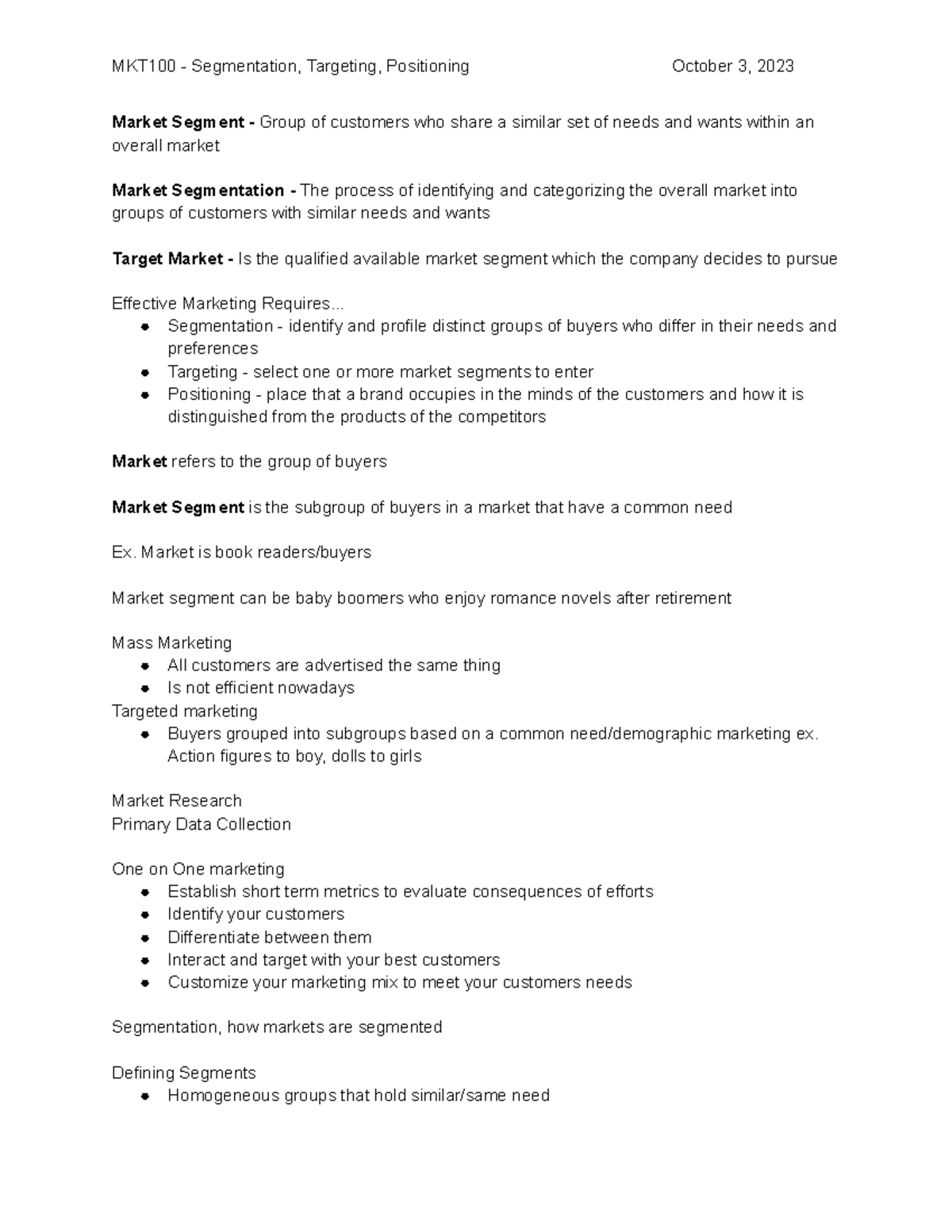 MKT100 - Chapter 5 - MKT Notes - MKT100 - Segmentation, Targeting ...